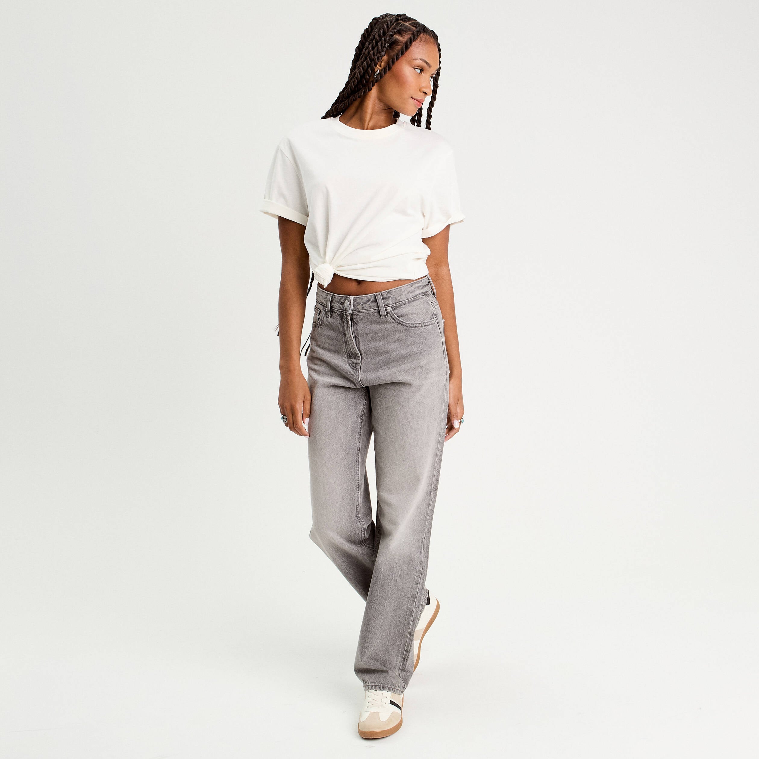 Jeans droit 5 poches denim gris femme