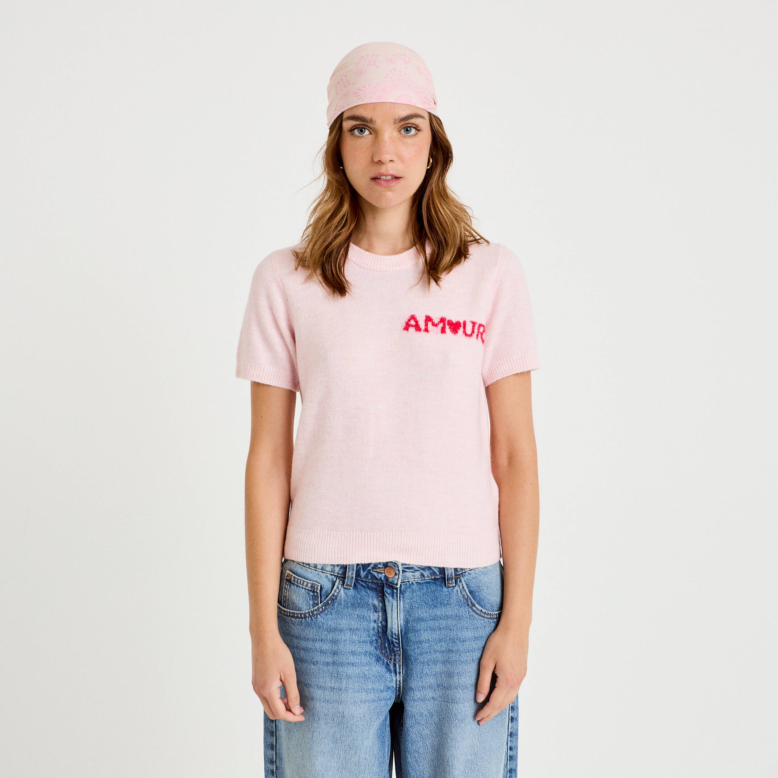 Pull ample manches courtes rose clair femme