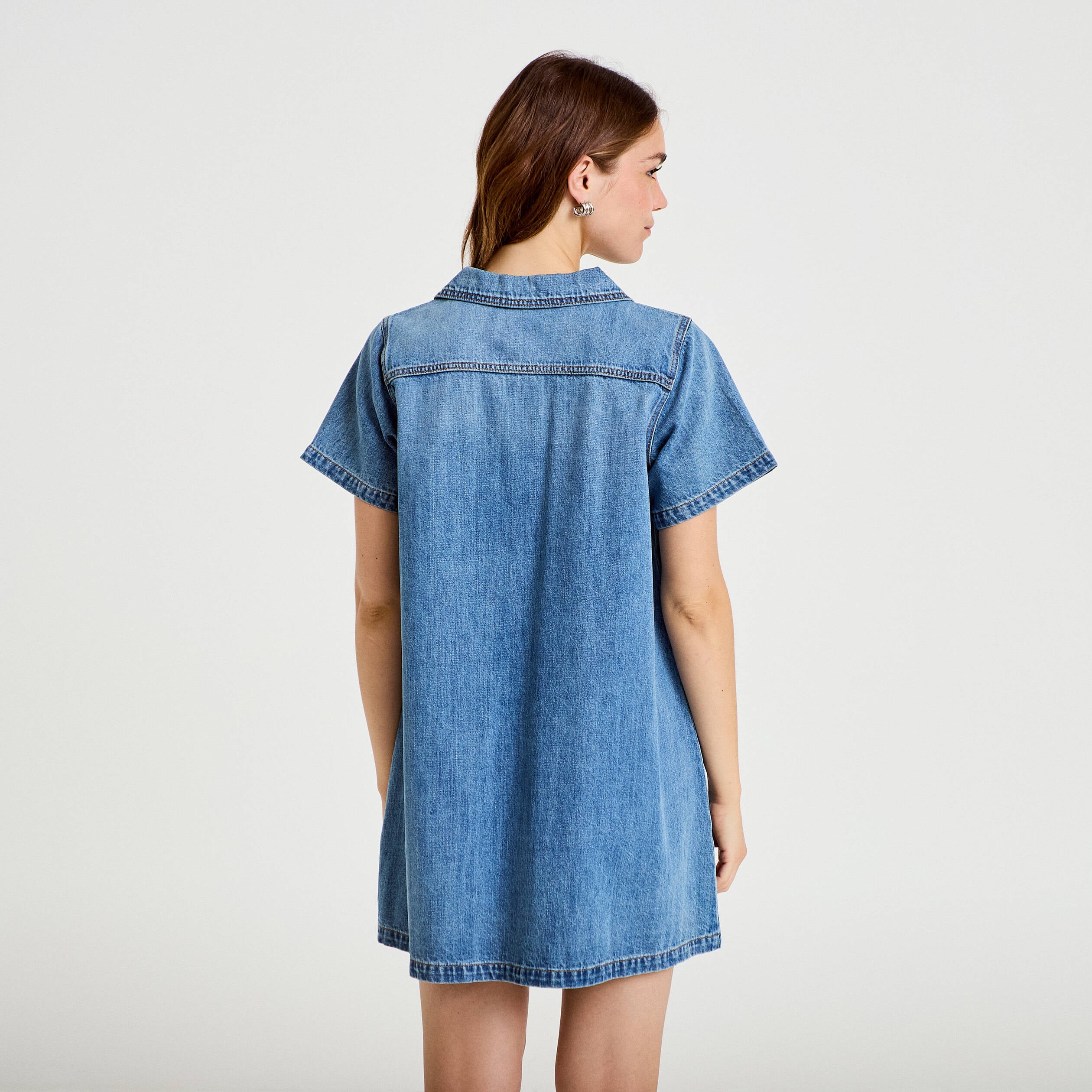Robe trap&egrave;ze courte en jean col chemise denim double stone femme