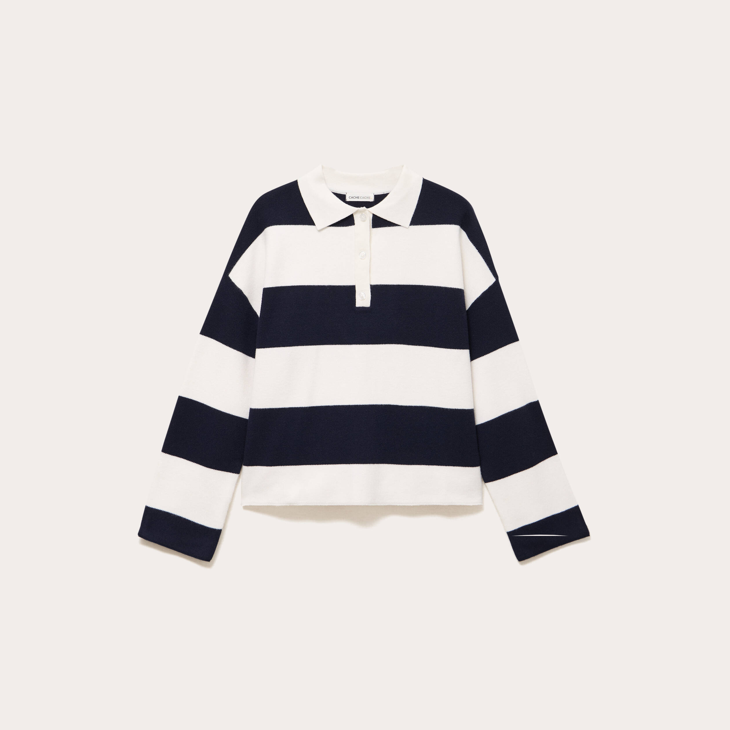 Polo manches longues col chemise bleu marine femme