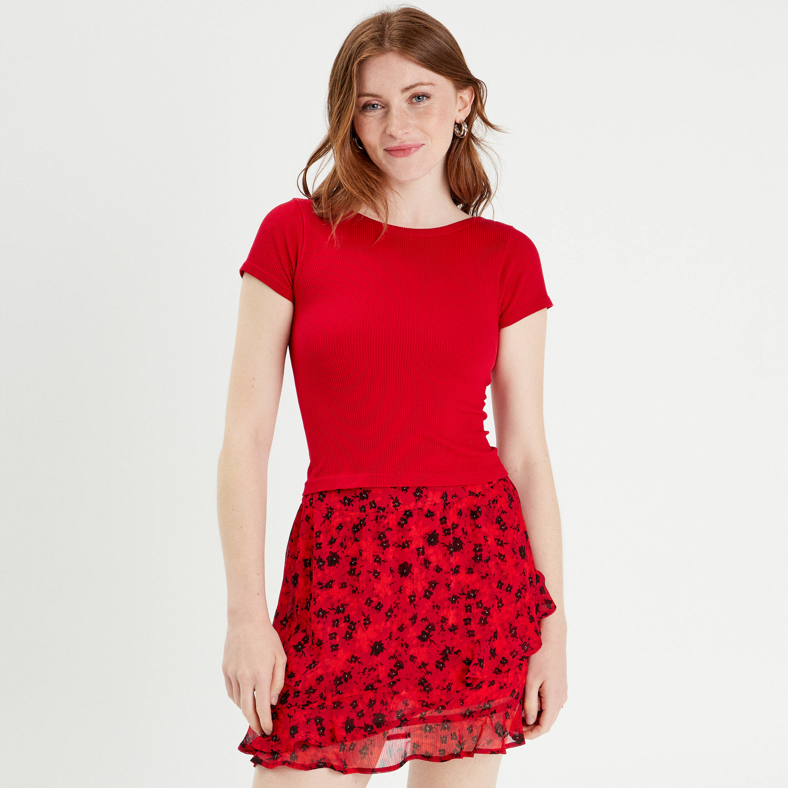 t shirt manches courtes cotele rouge femme T-shirt manches courtes côtelé rouge femme