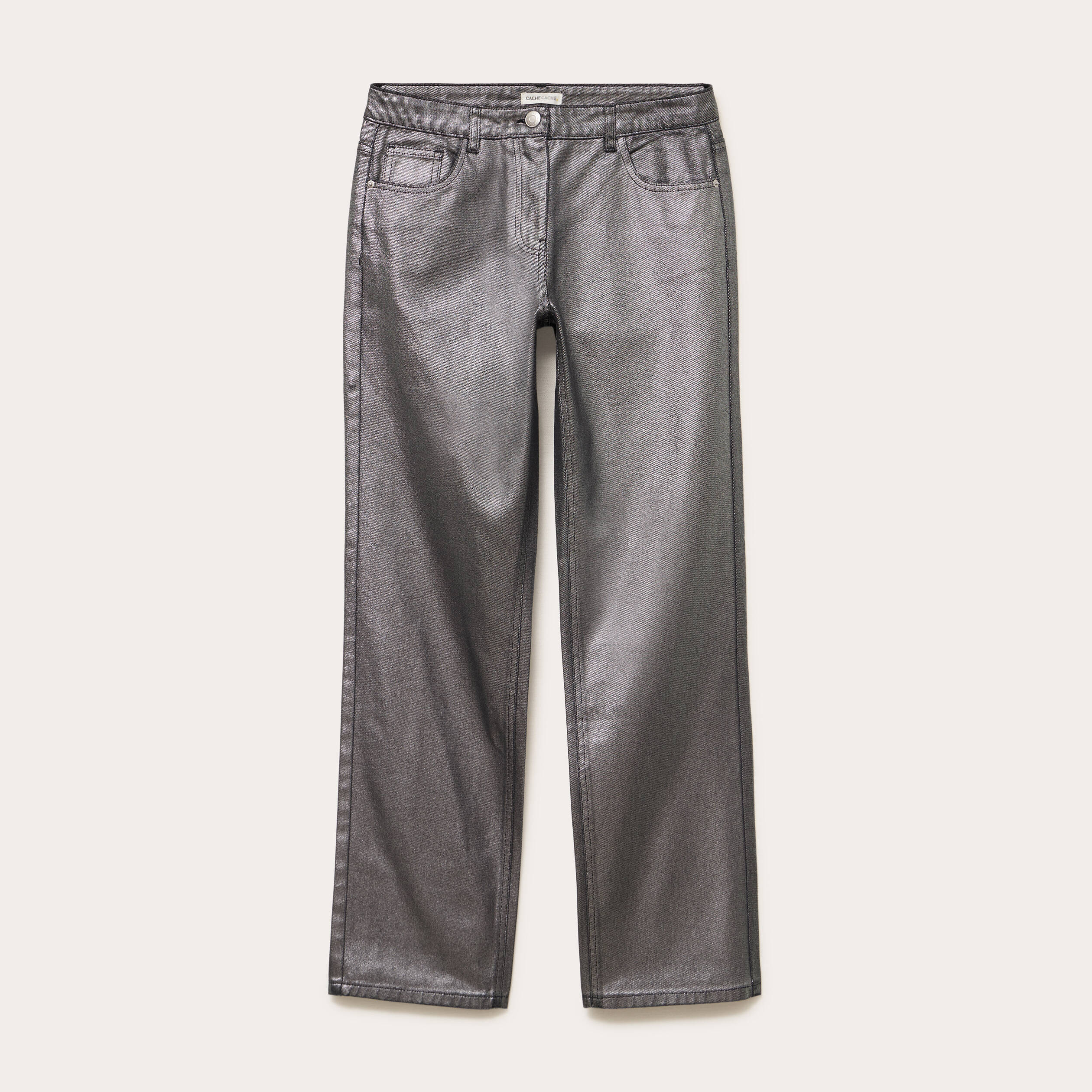 Pantalon droit enduit gris argent femme