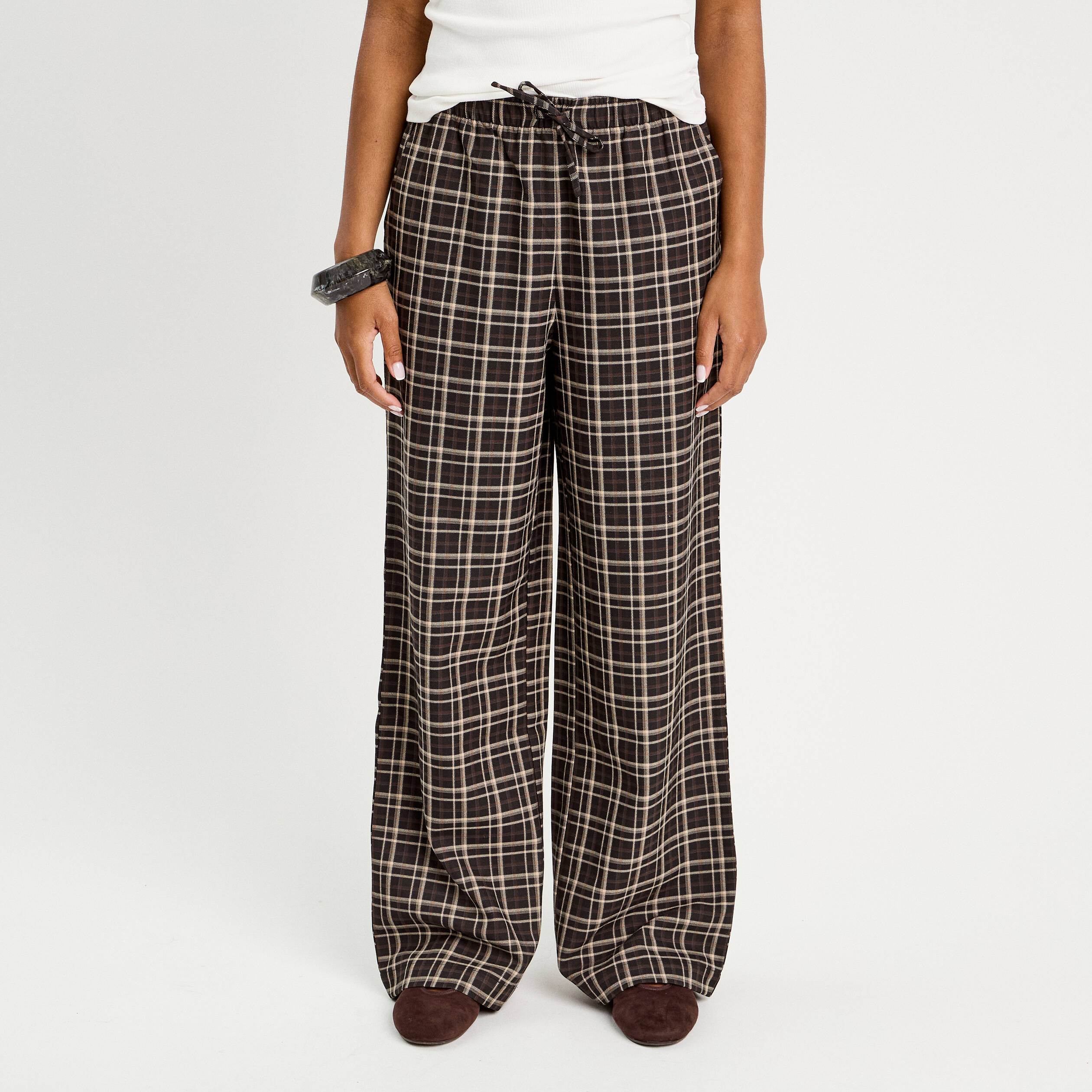 Pantalon large &eacute;lastiqu&eacute; marron chocolat femme