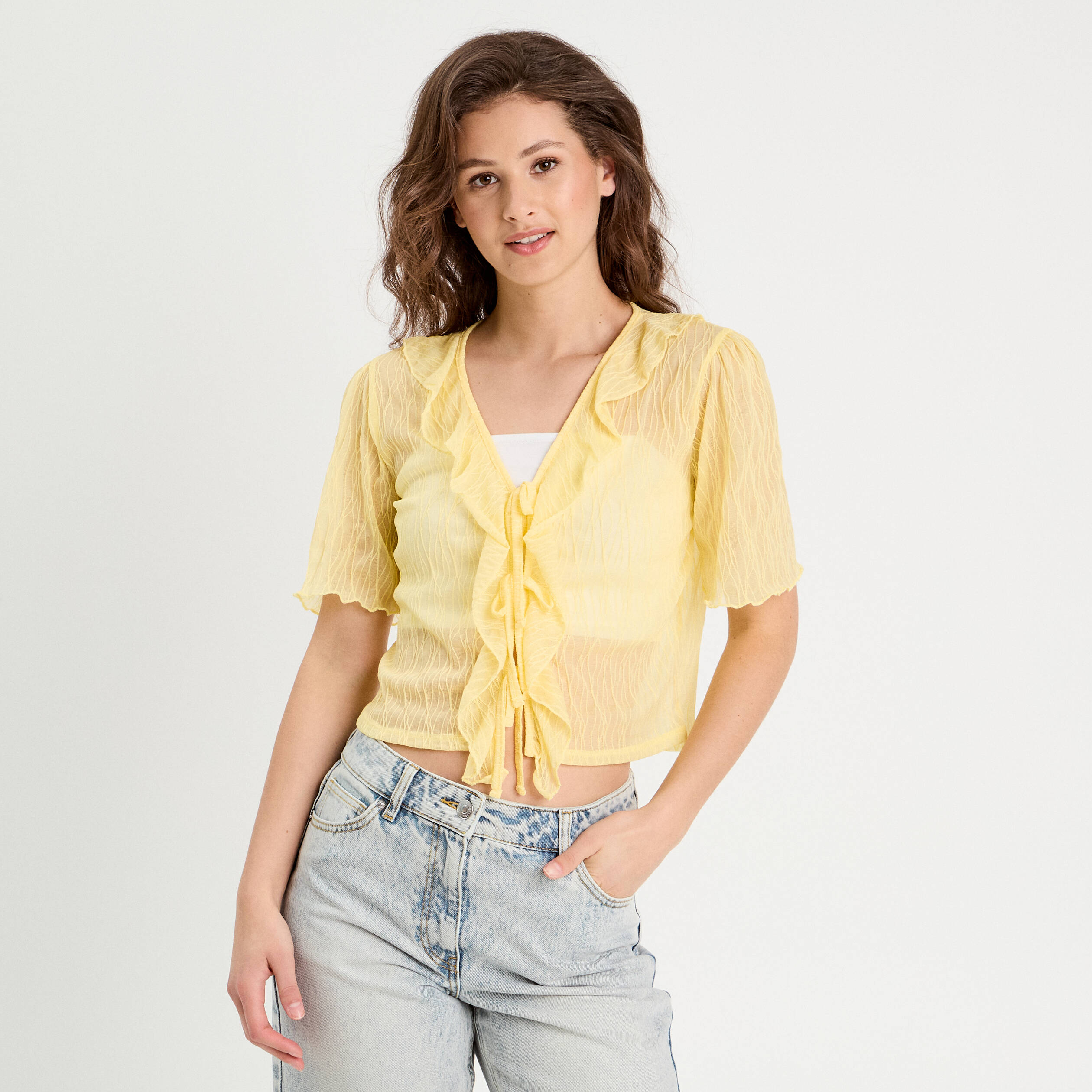 blouse nouee avec volants jaune clair femme Blouse nouée avec volants jaune clair femme