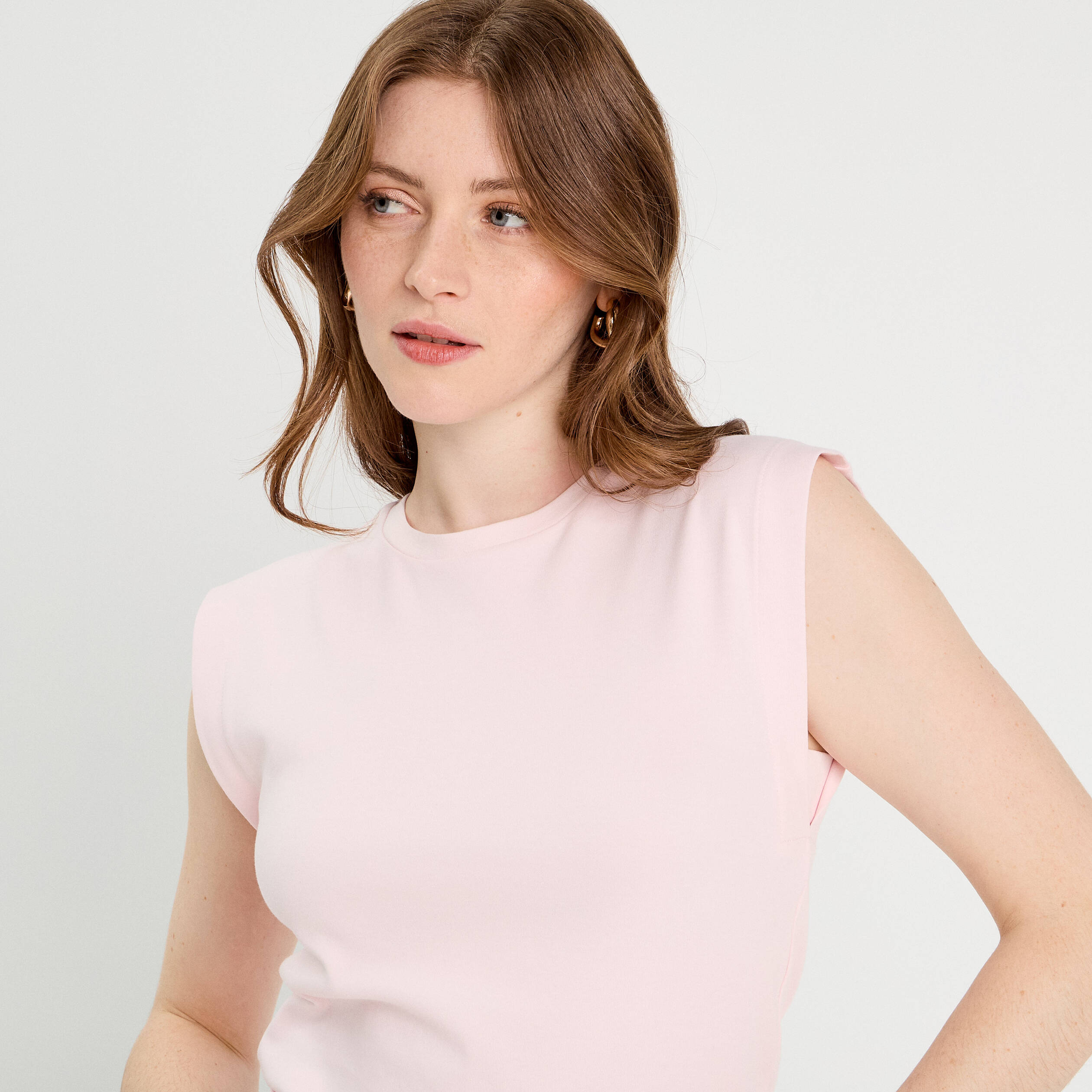 T-shirt col rond sans manches rose clair femme