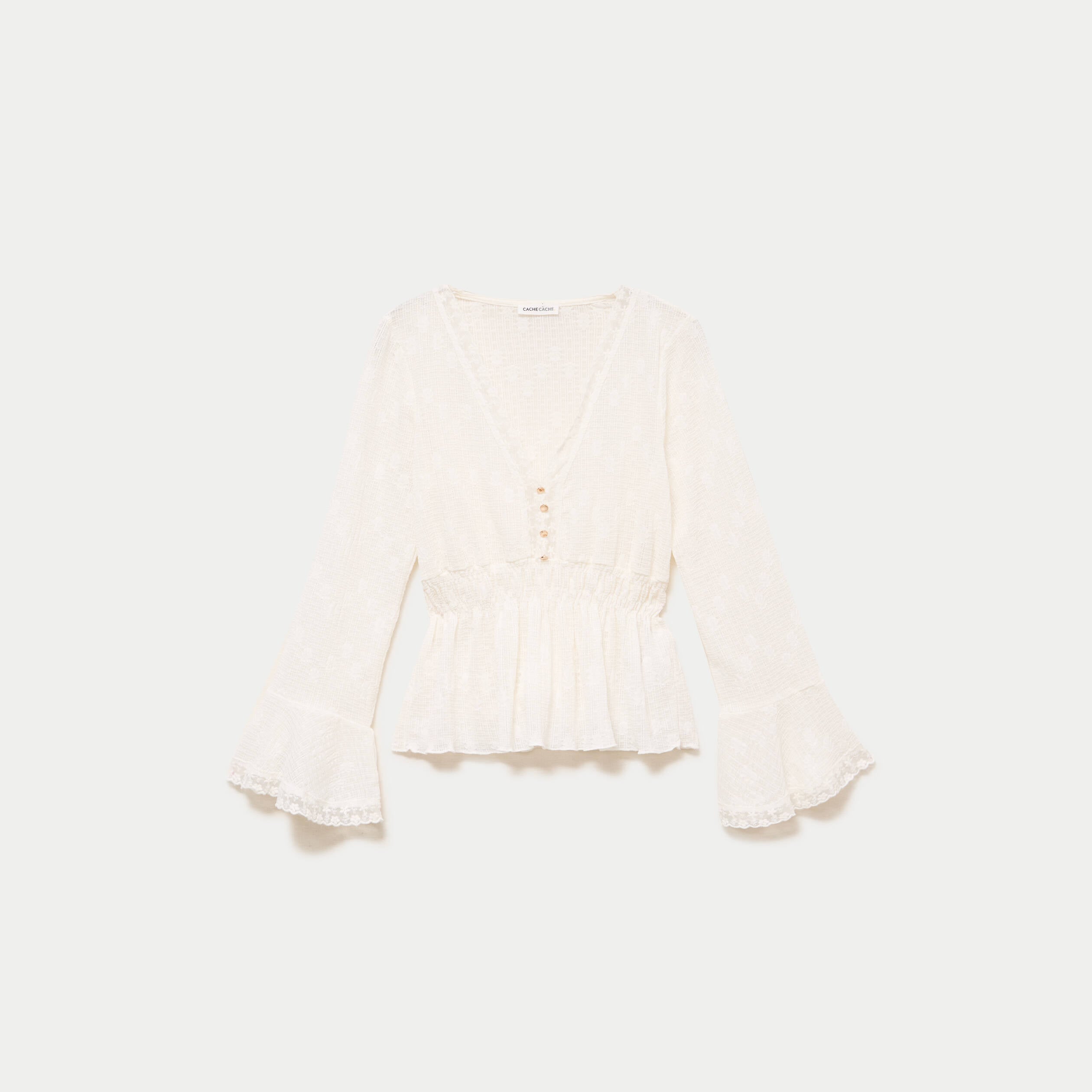 Blouse ajust&eacute;e col v manches longues ecru femme