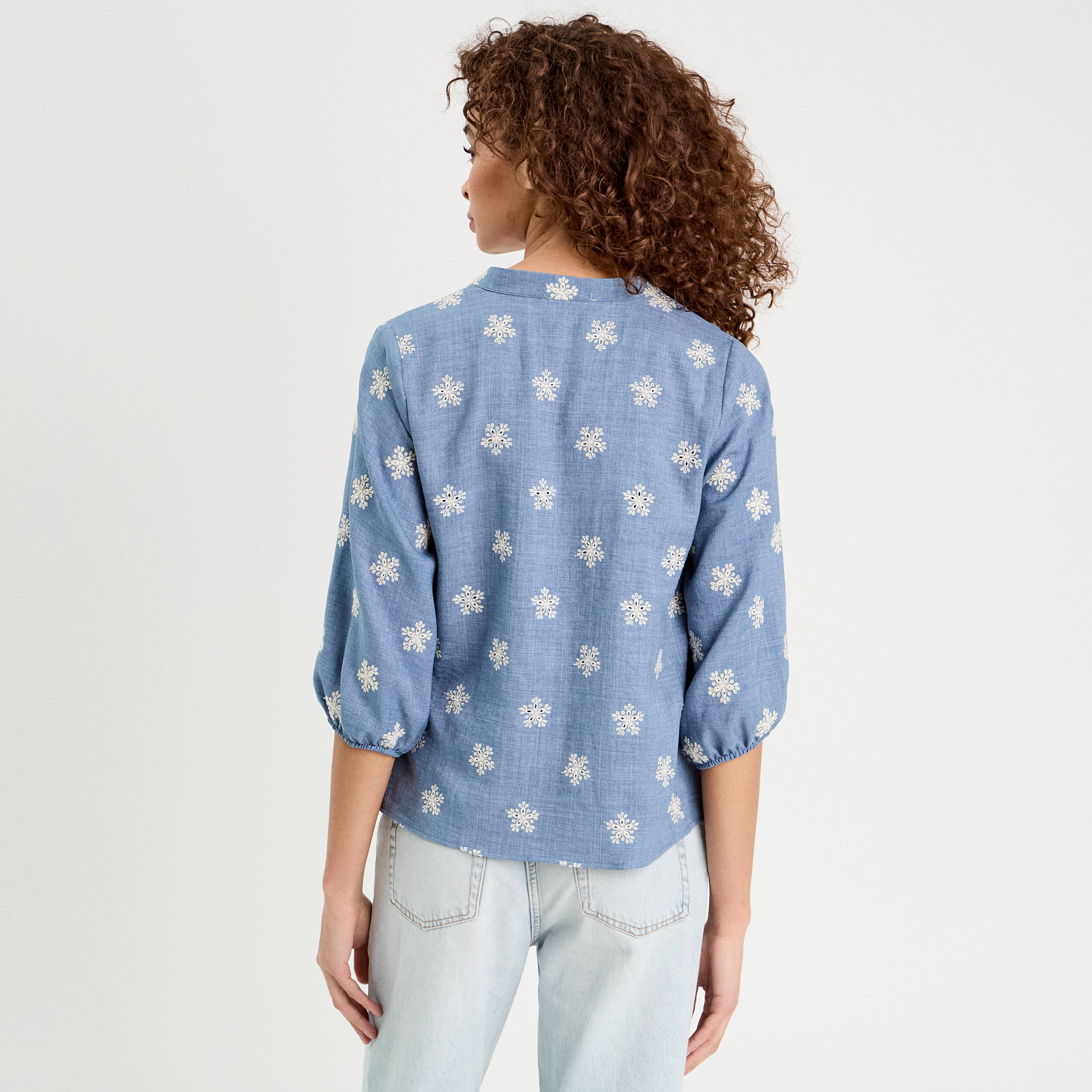 Blouse manches 3/4 brod&eacute;e bleu femme