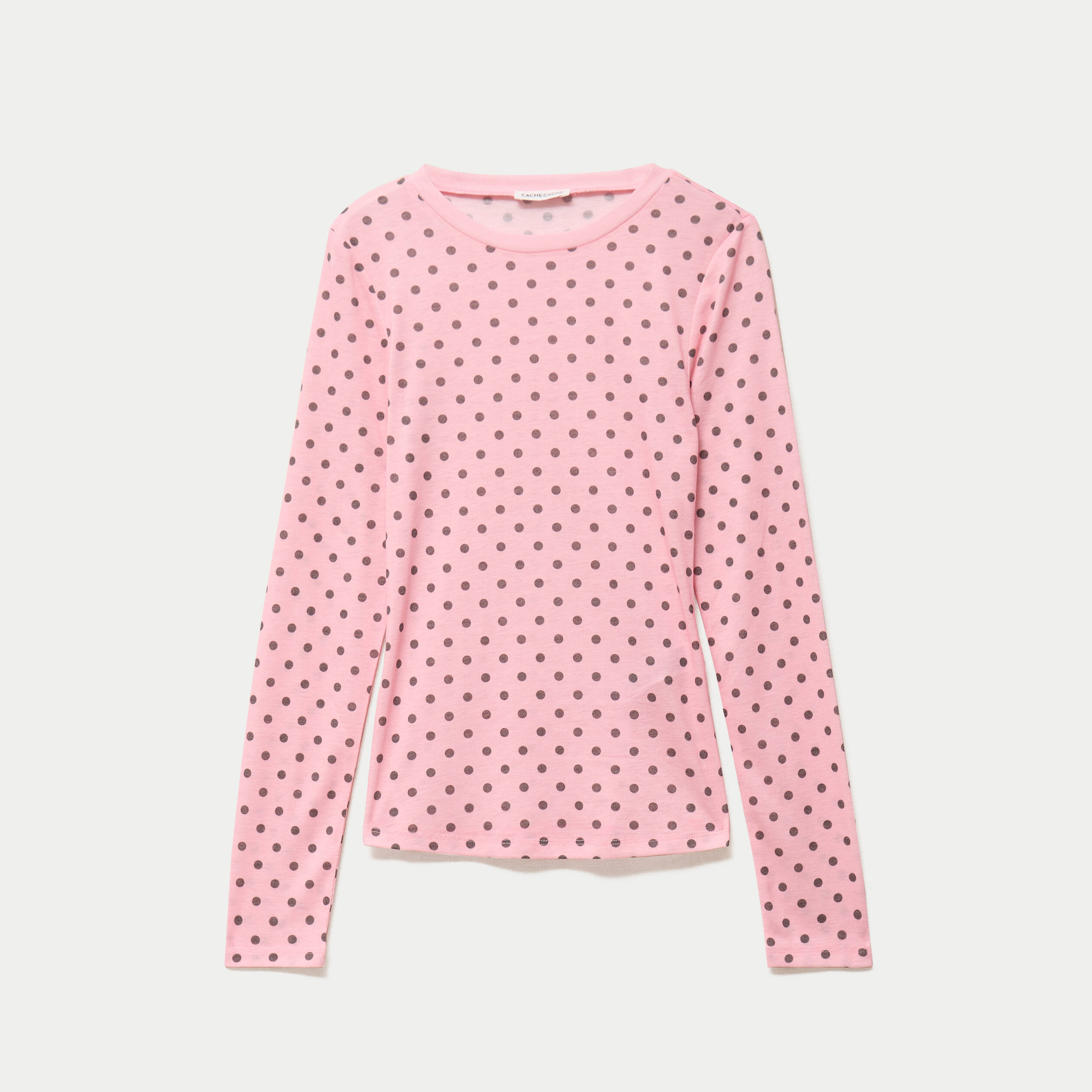 T-shirt ajust&eacute; col rond manches longues rose corail femme