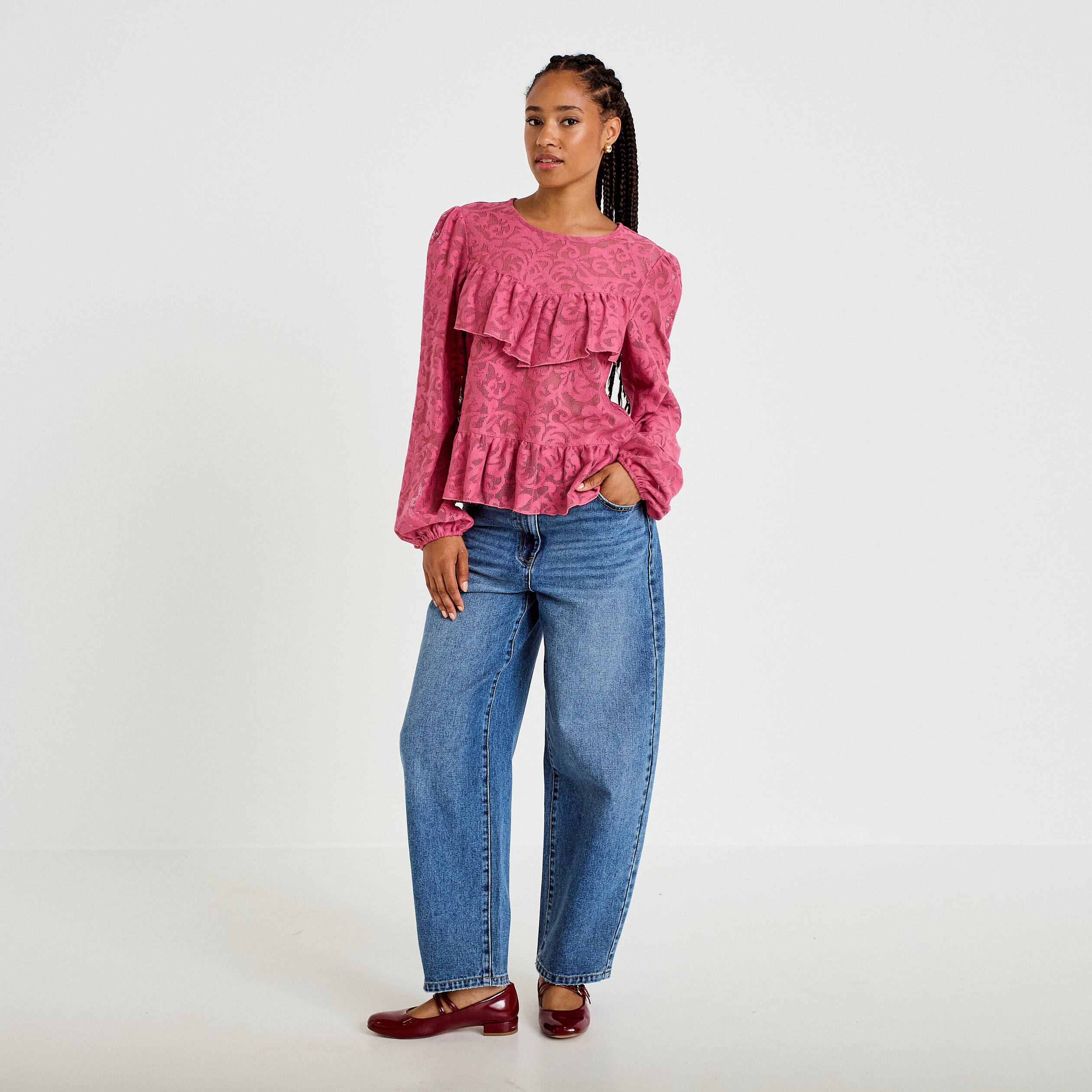 Blouse en dentelle manches longues vieux rose femme