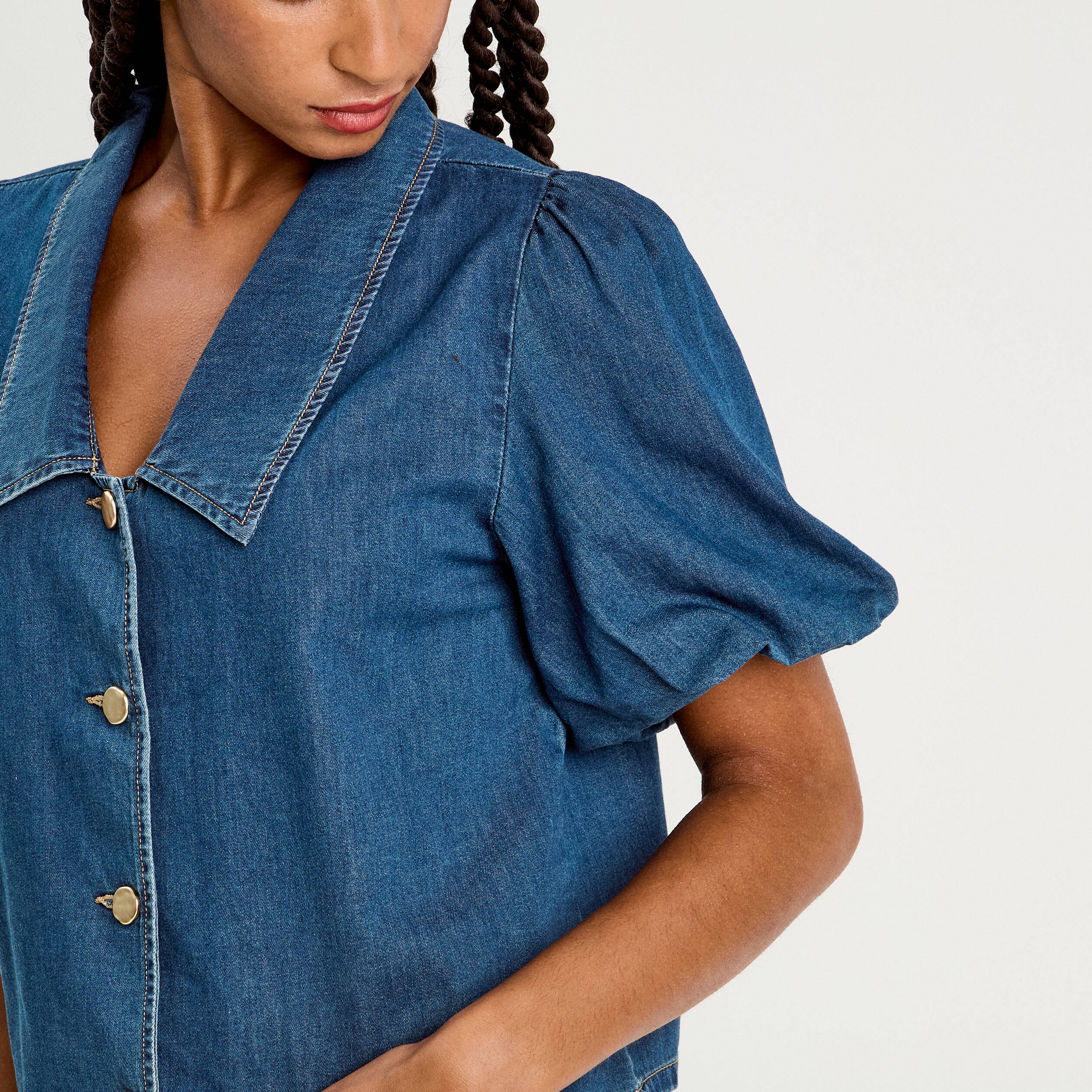 Blouse manches courtes en jean denim stone femme