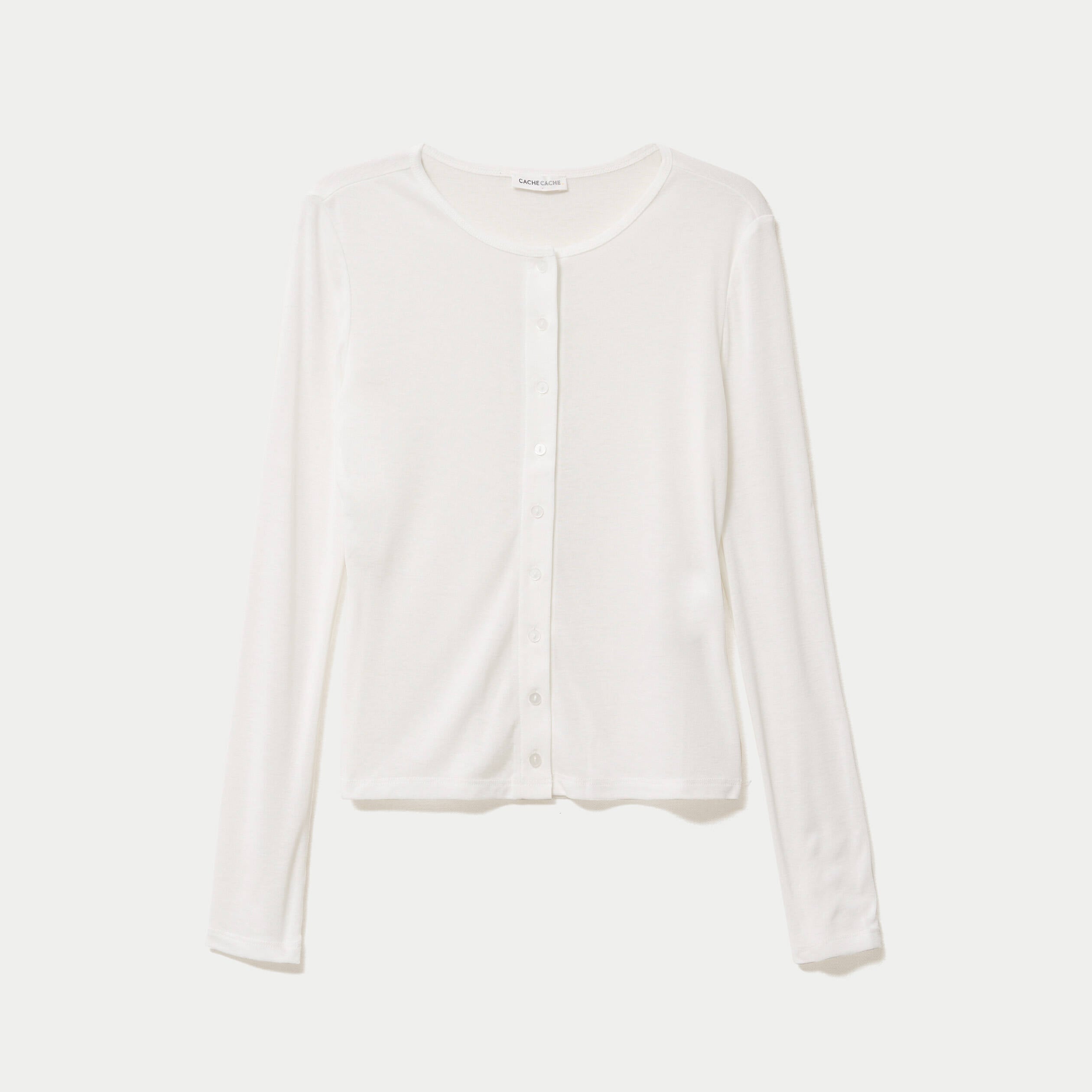 Gilet ajust&eacute; col rond manches longues ecru femme