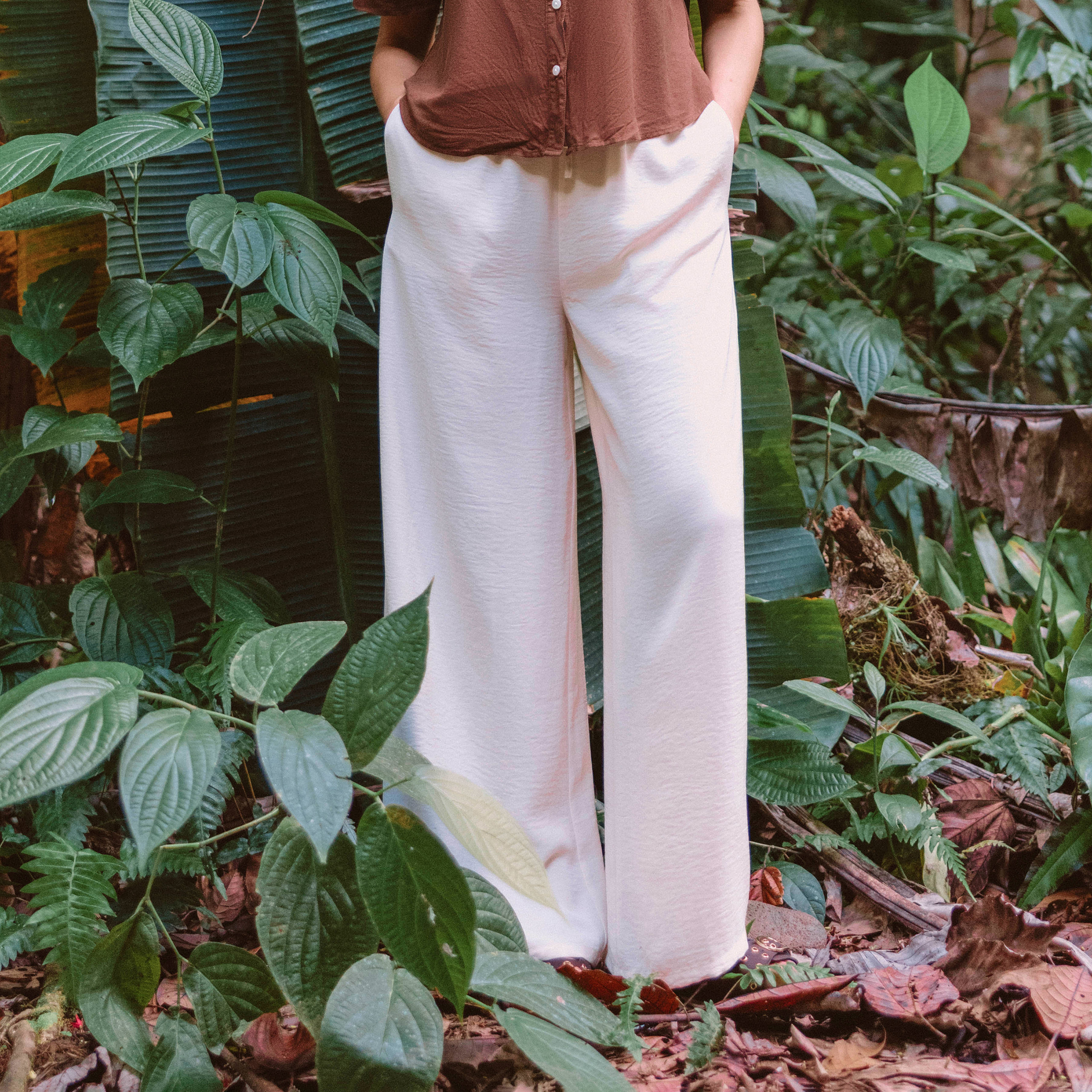 Pantalon large fluide ecru femme