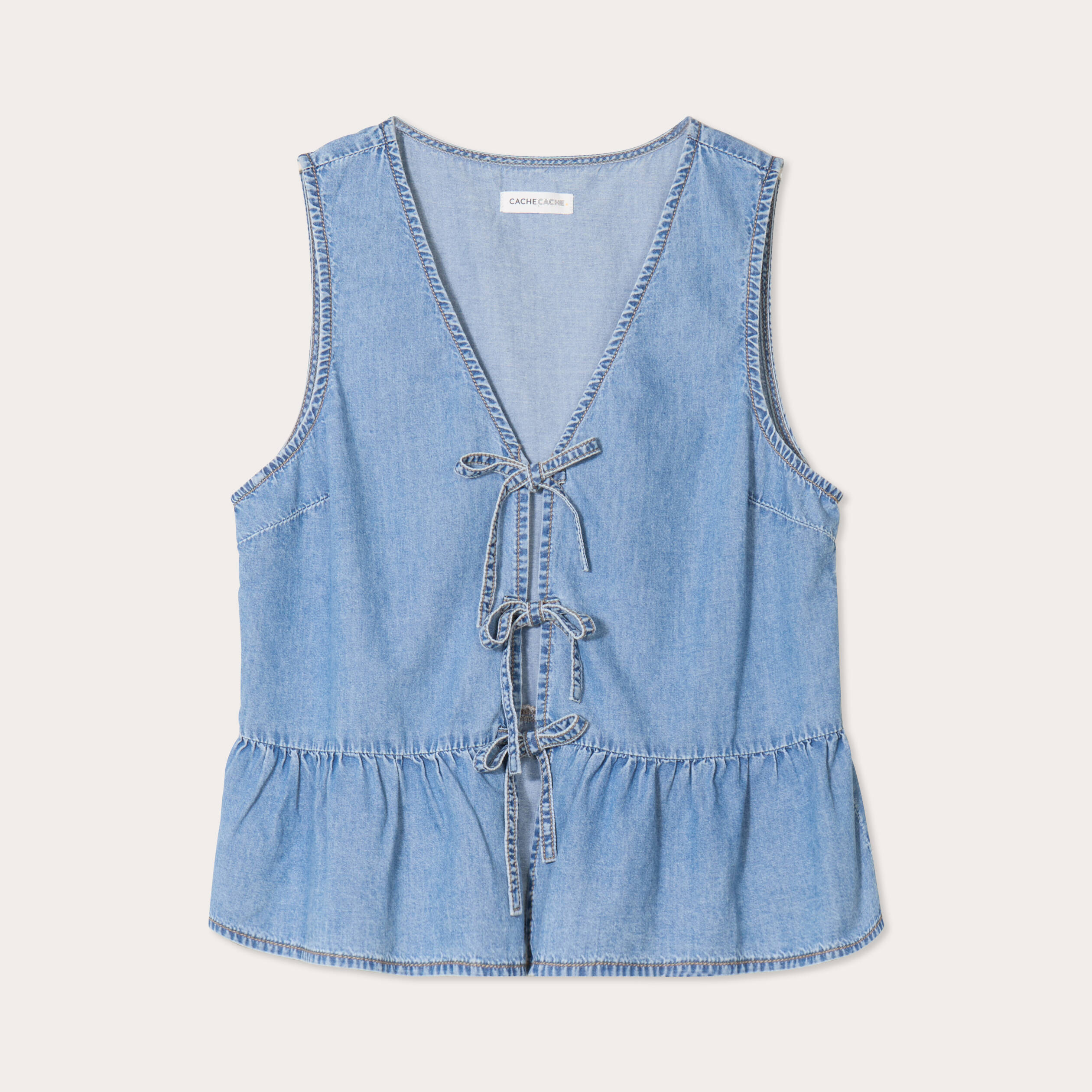Blouse nouée en jean denim bleach femme