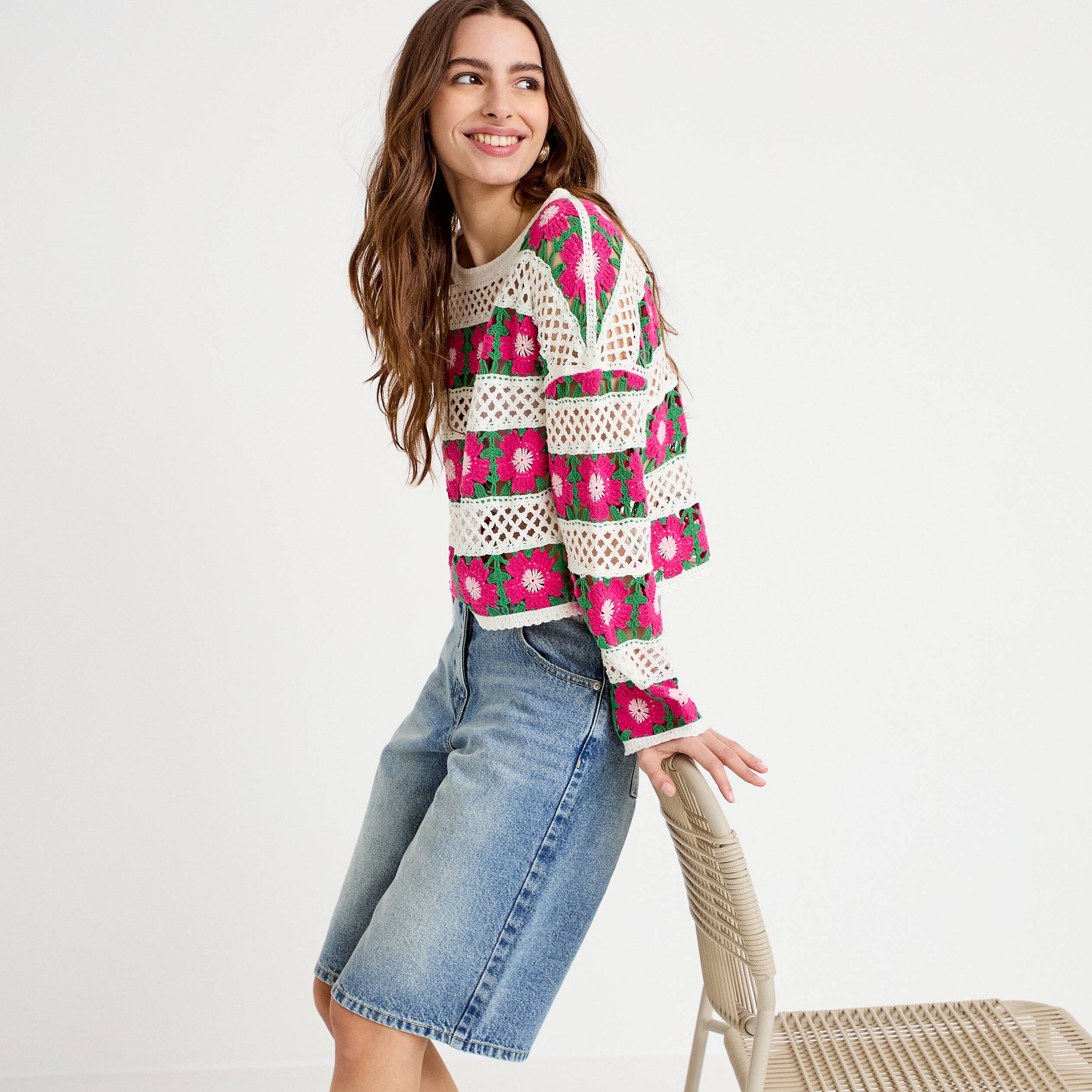 Pull manches longues rose fushia femme