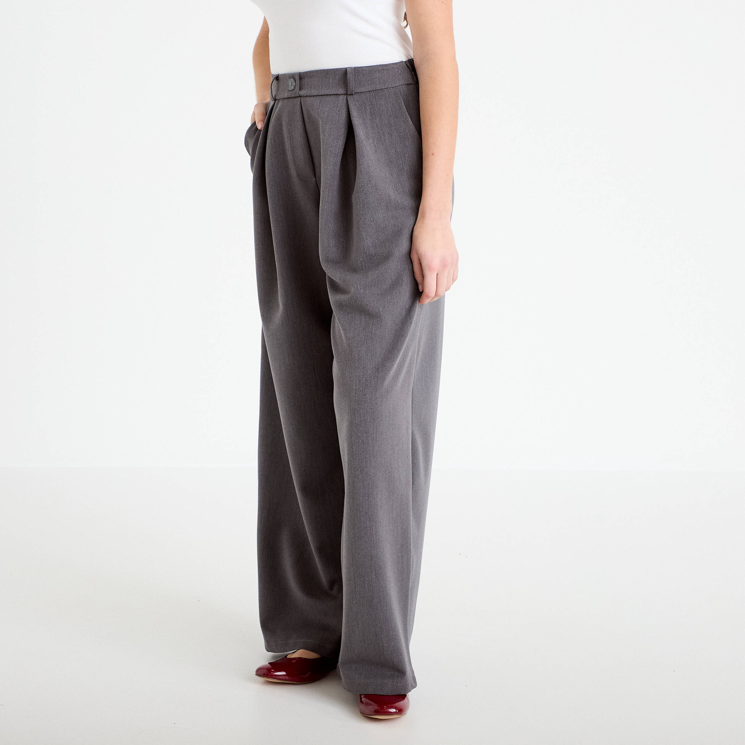 Pantalon large taille haute gris fonc&eacute; femme