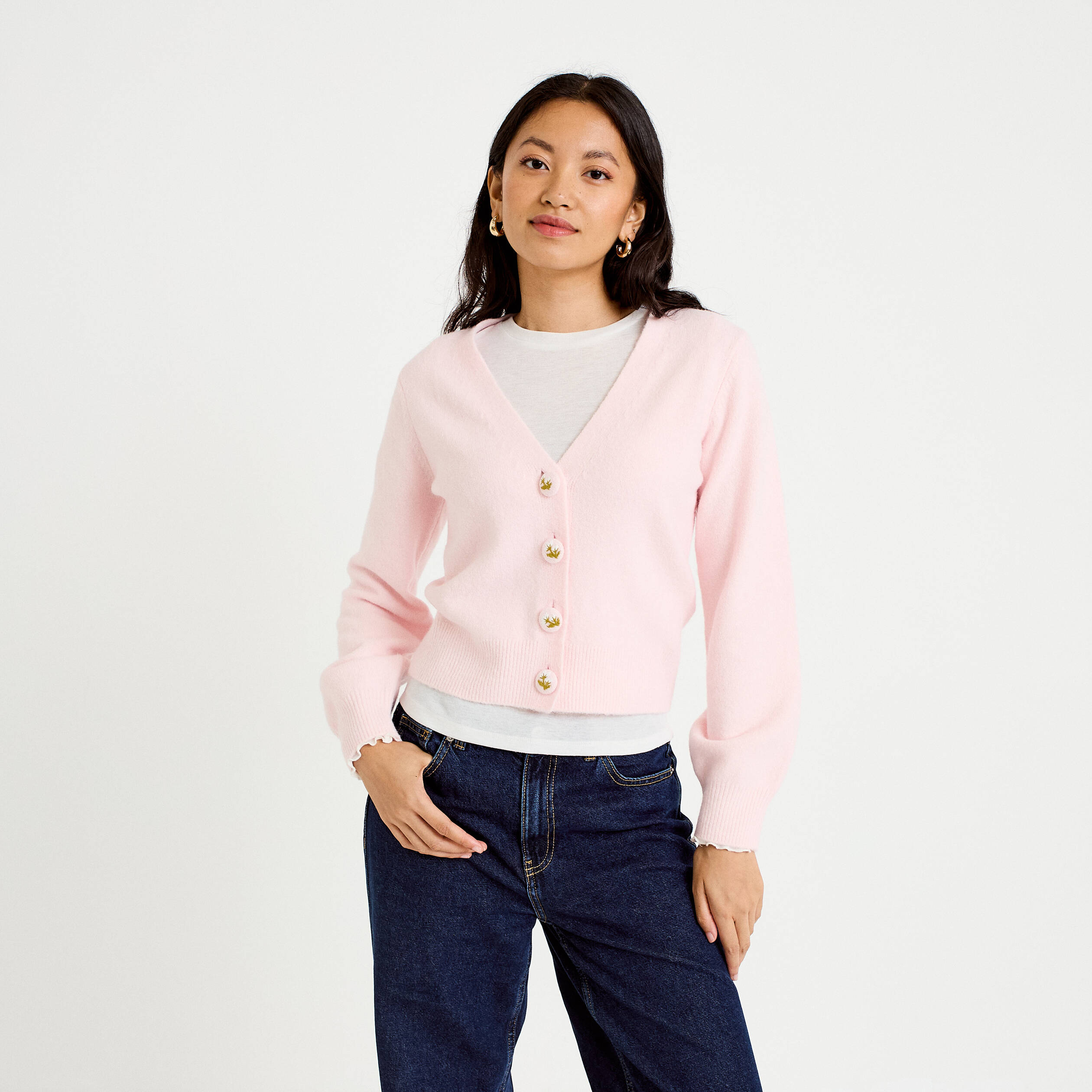 Gilet col v broderie manches longues rose clair femme