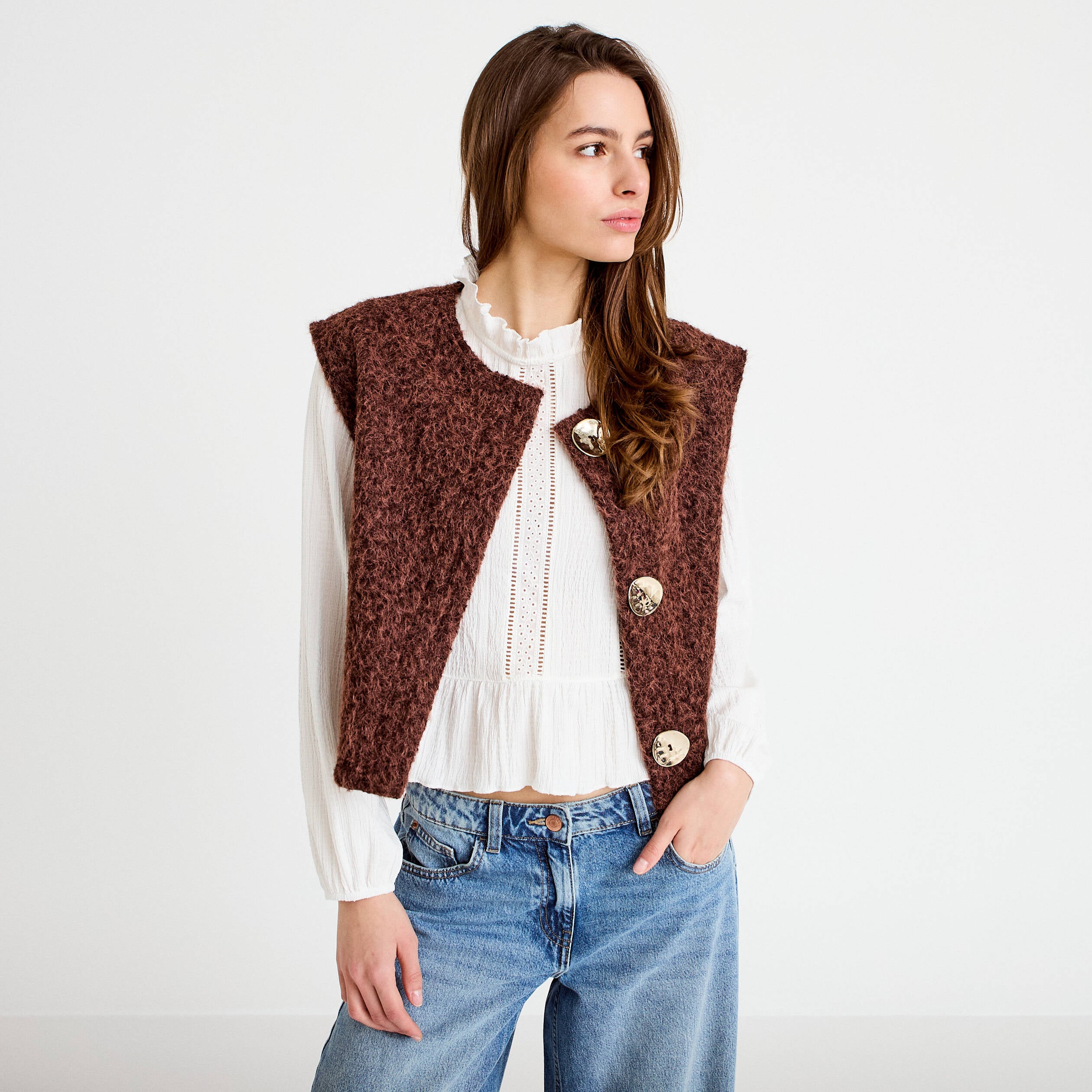 Gilet sans manches effet polaire marron clair femme