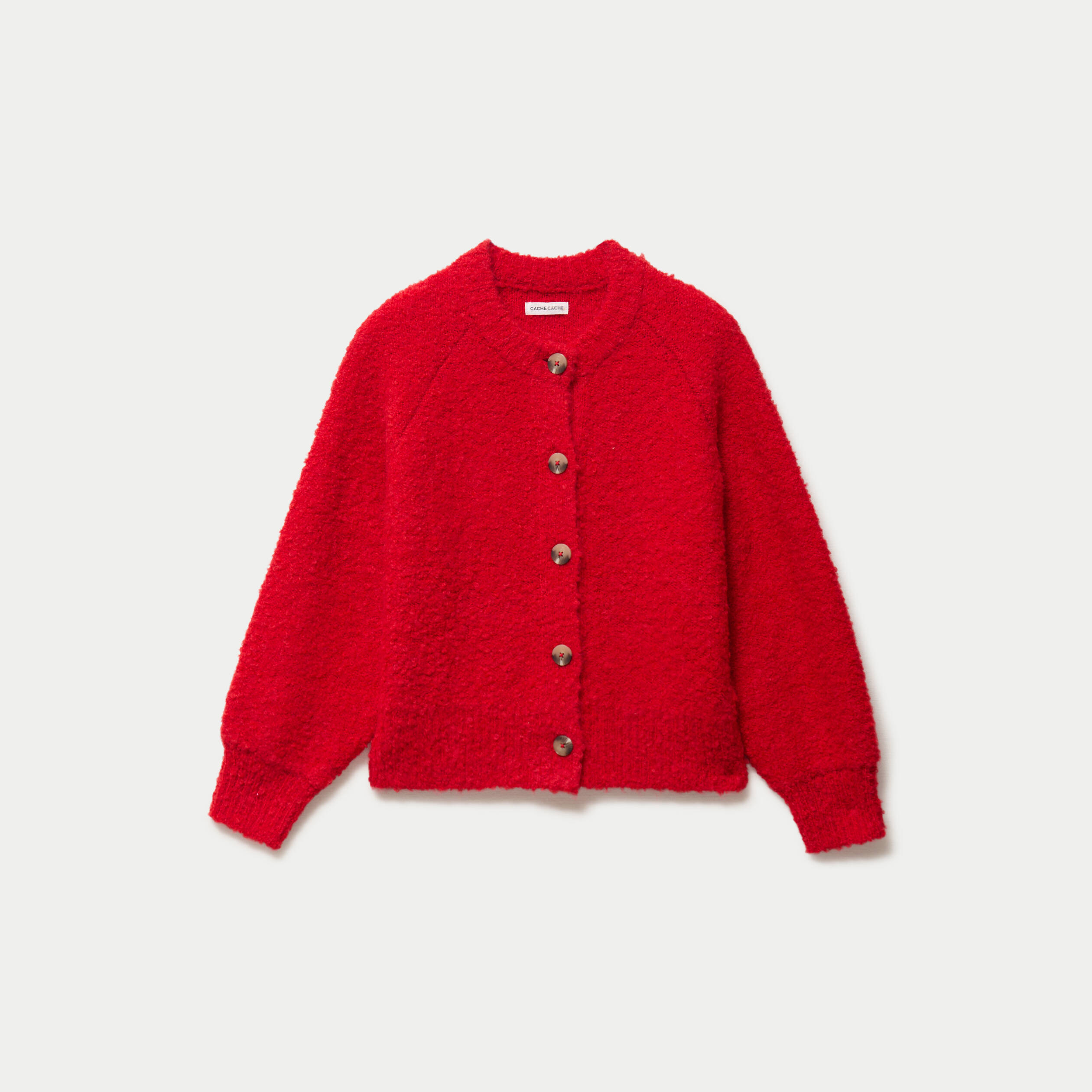 Gilet bouclette col rond manches longues rouge femme