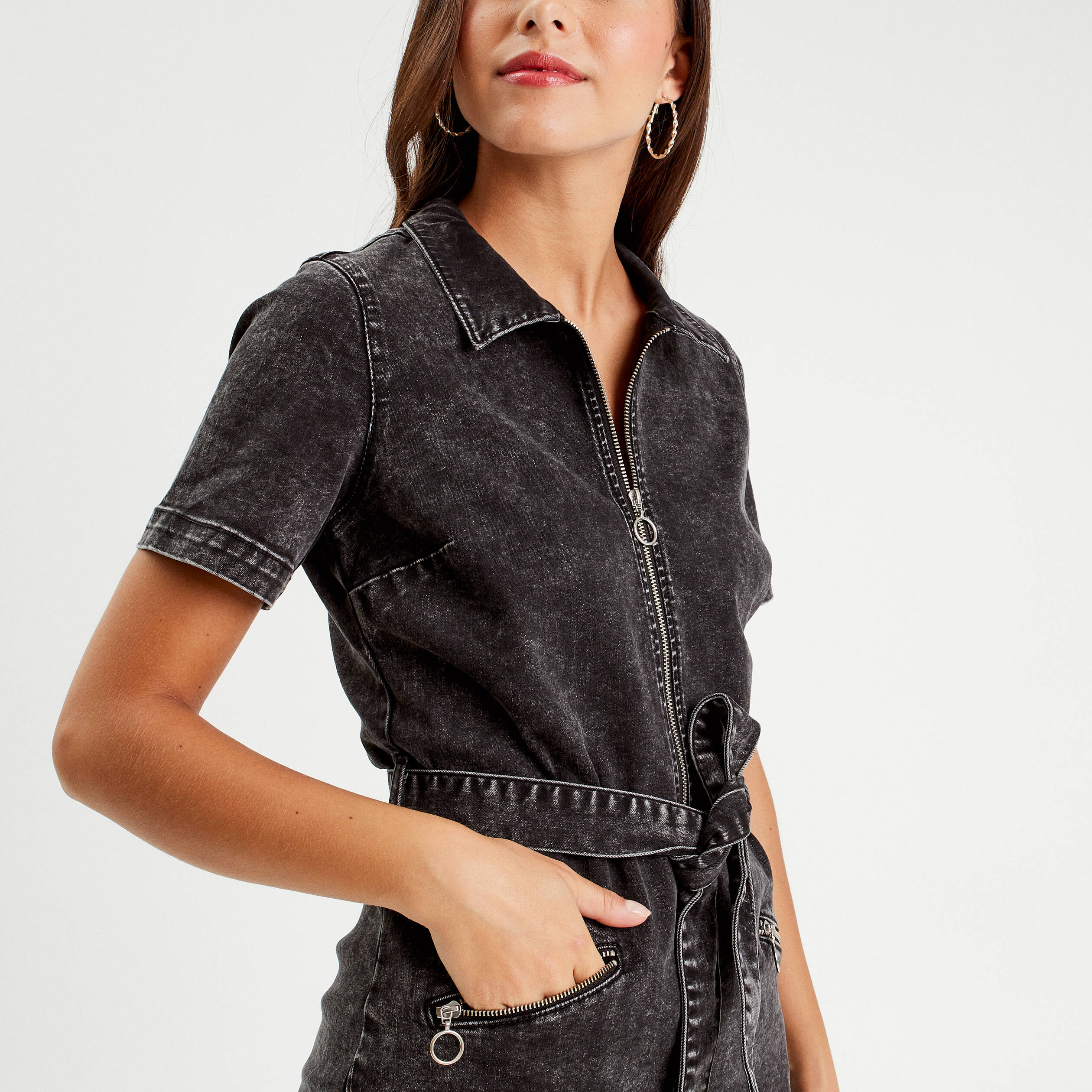 robe droite en jean zippee denim noir femme Robe droite en jean zippée denim noir femme
