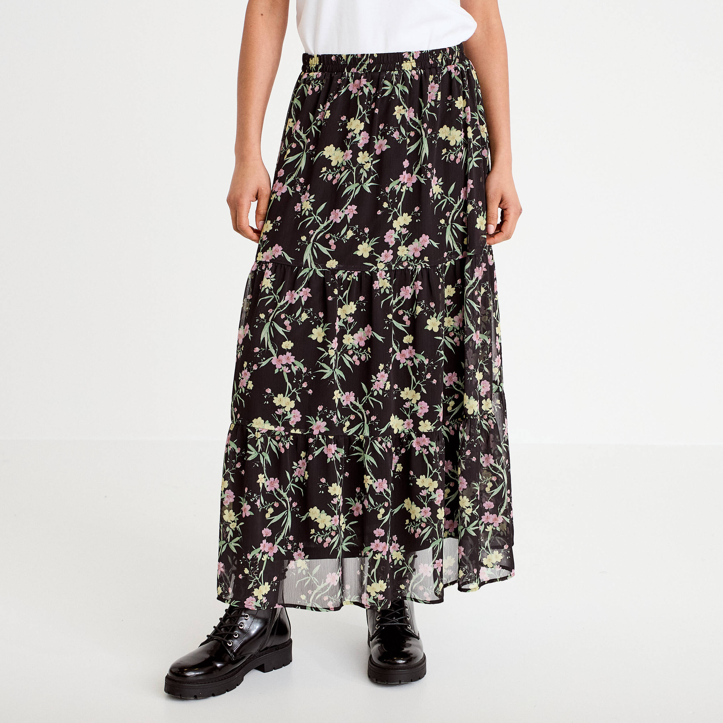 Jupe longue &eacute;vas&eacute;e en voile transparent noir femme