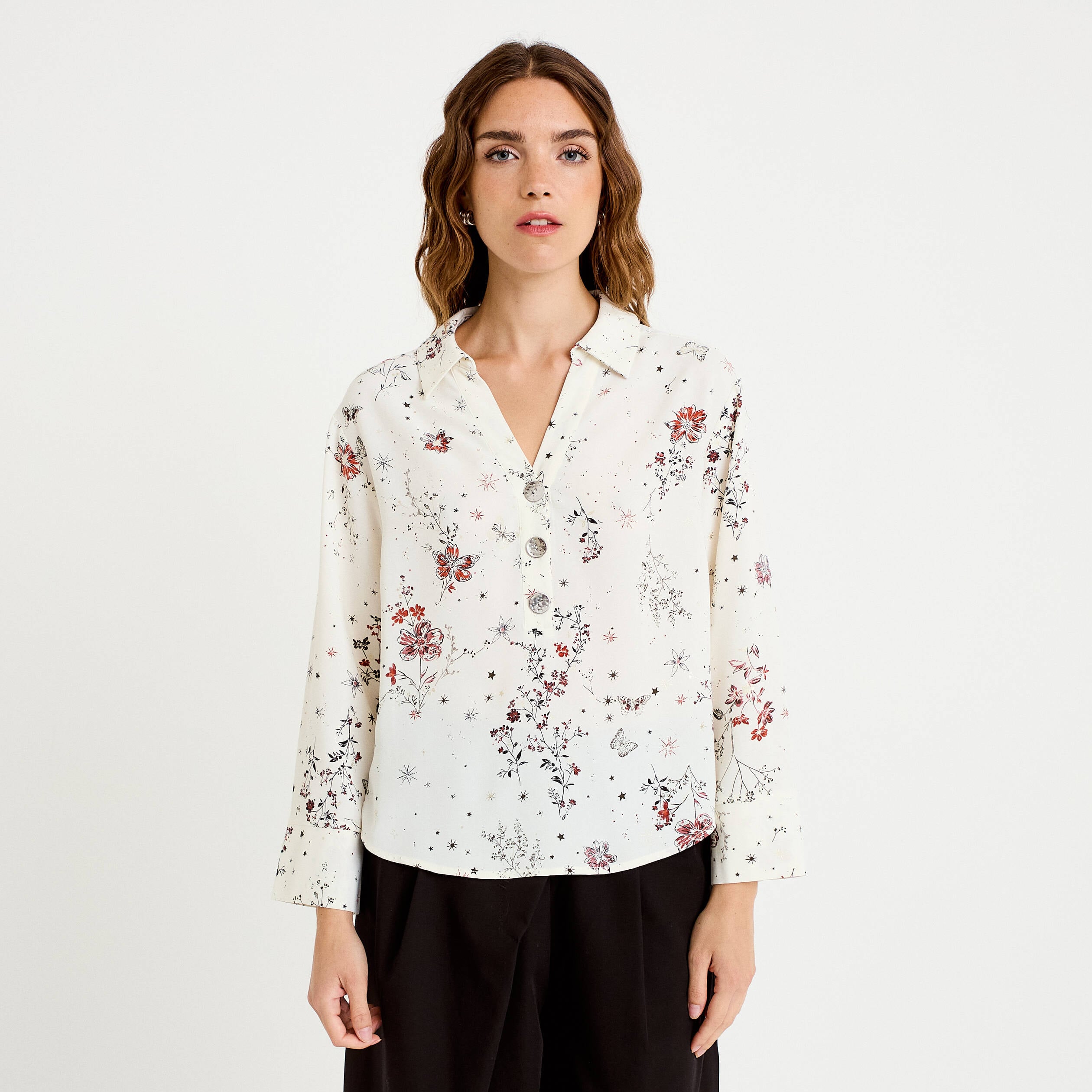 Blouse col chemise manches longues blanc femme