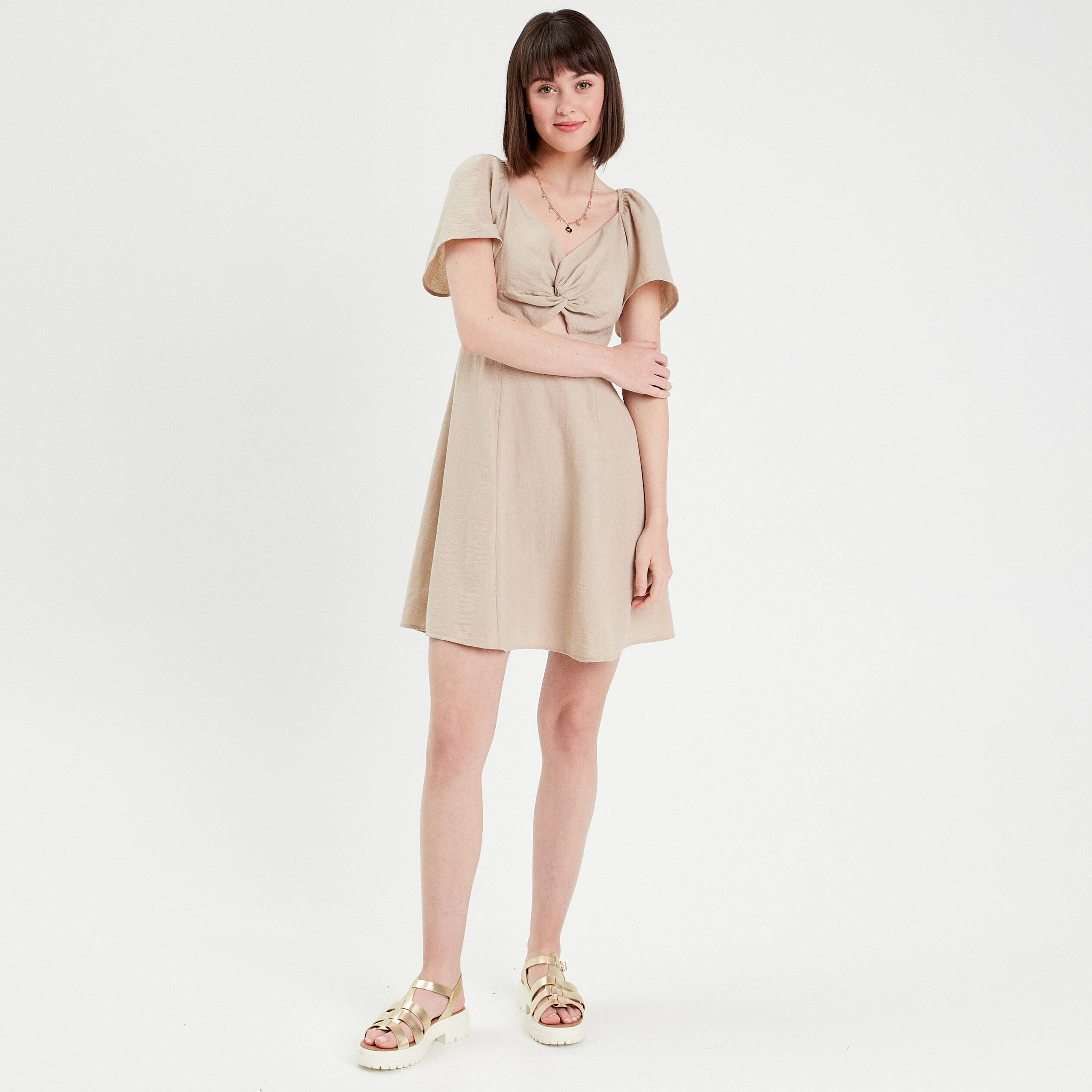 Robe patineuse manches courtes beige femme