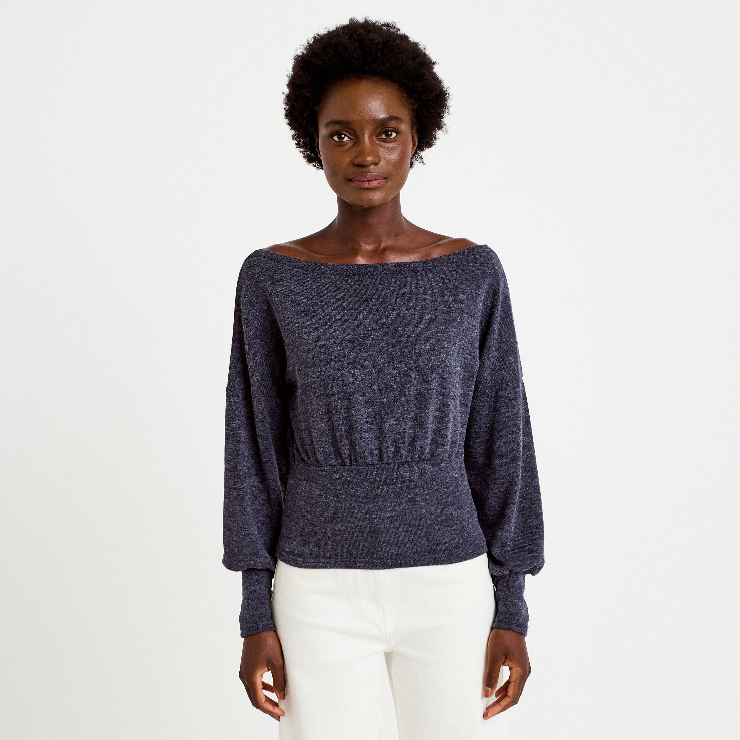 Pull col bateau manches longues bleu marine femme