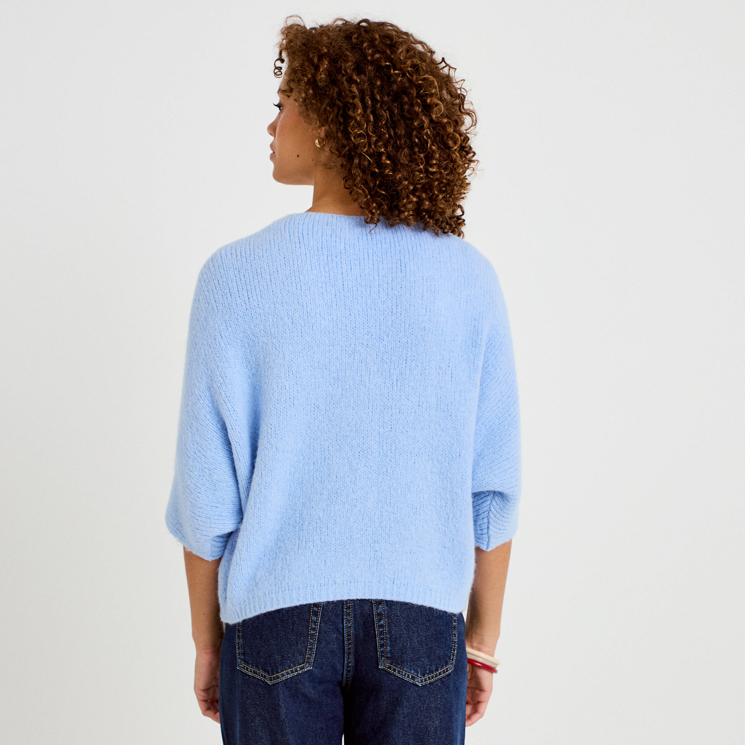 Gilet ample col v manches 3/4 bleu ciel femme