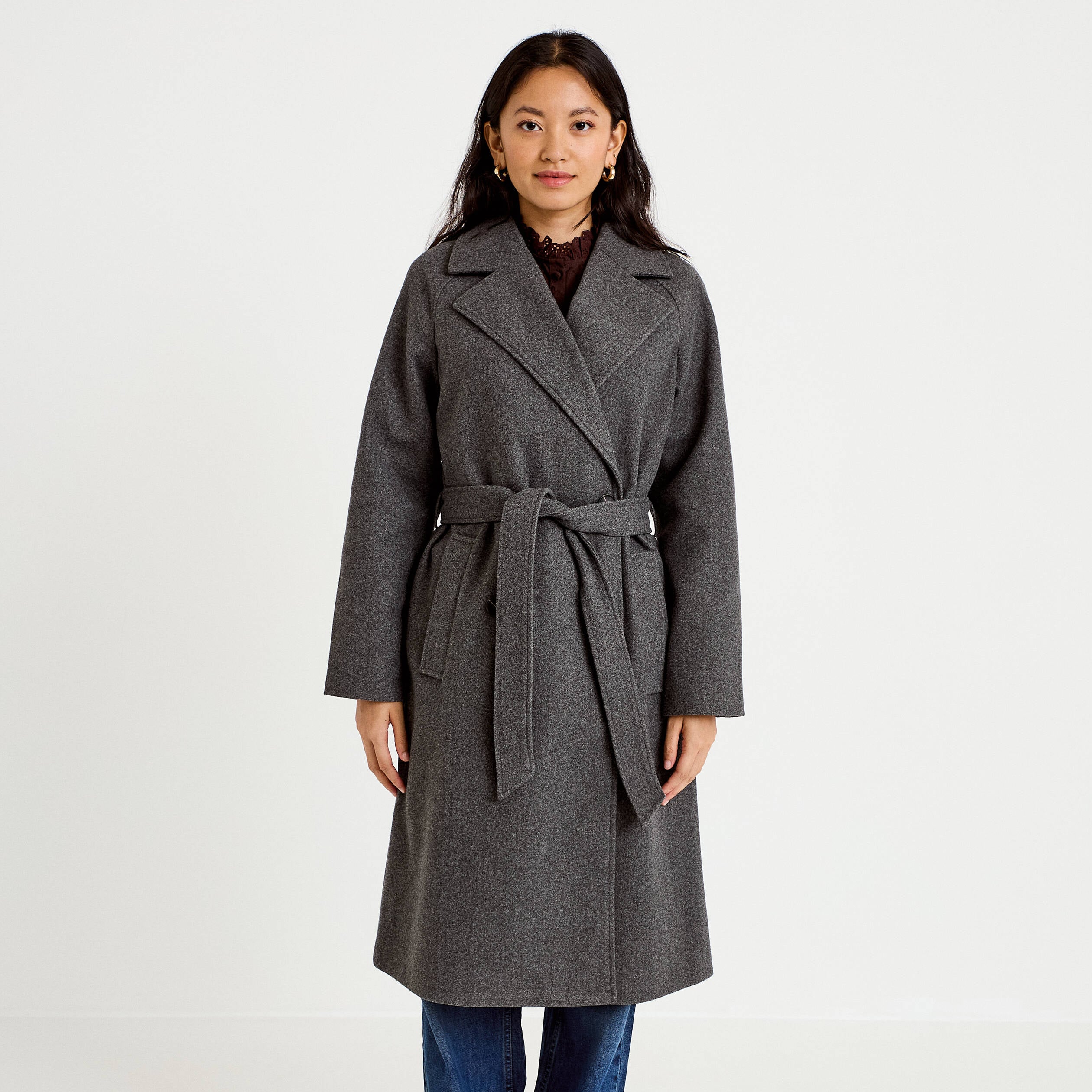 Manteau droit mi-long &agrave; manches longues gris femme