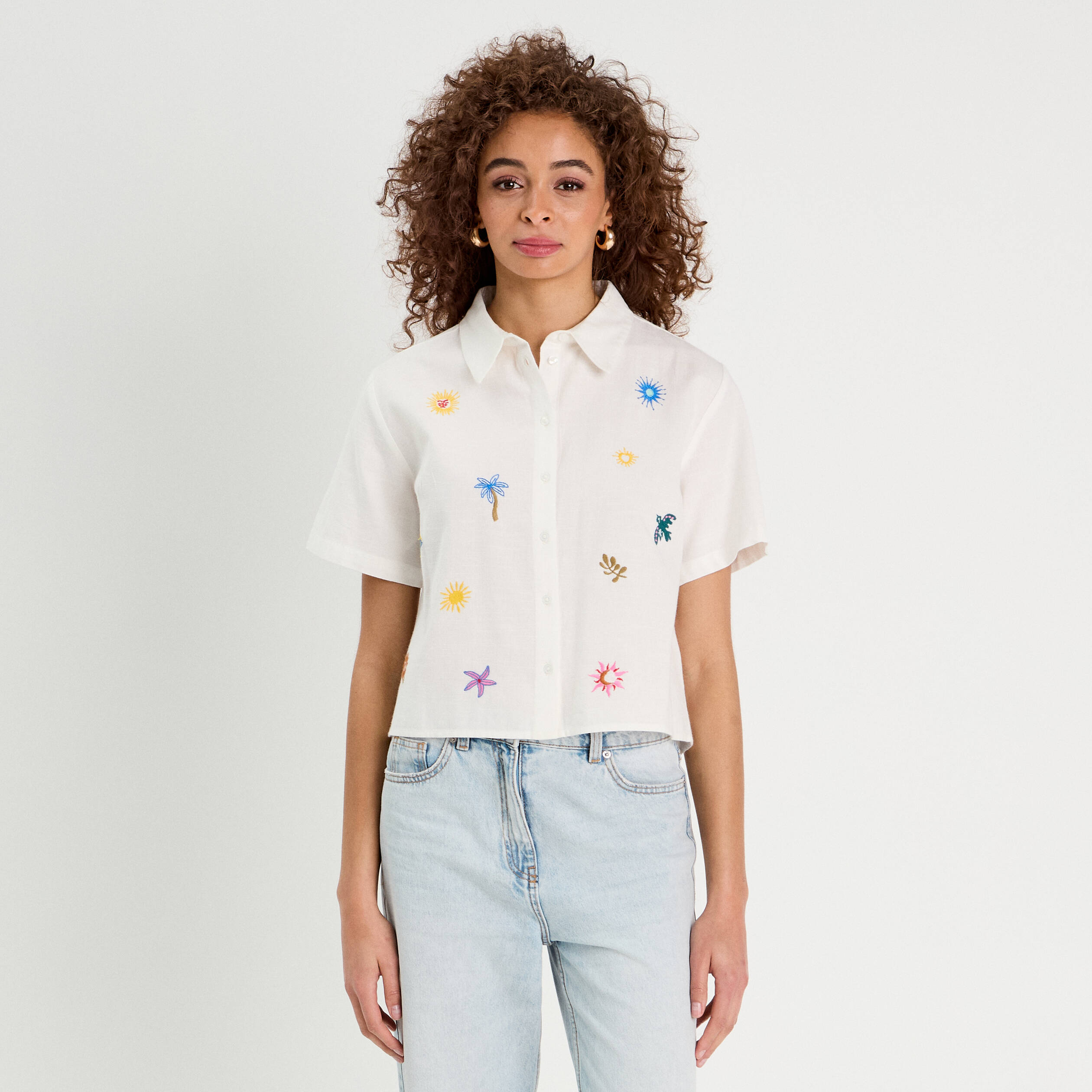 chemise brodee manches courtes ecru femme Chemise brodée manches courtes ecru femme