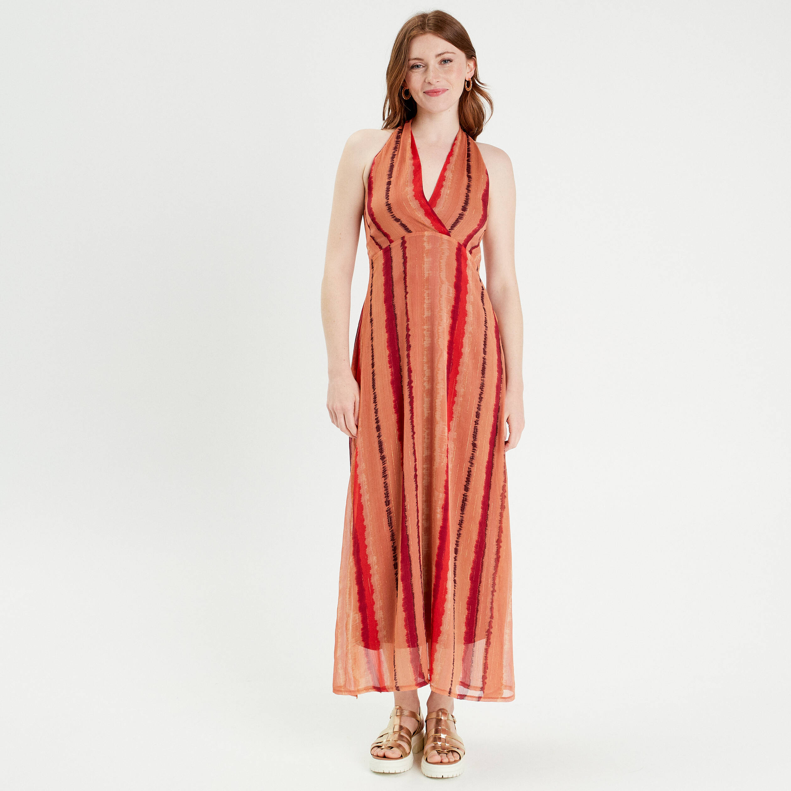 Robe longue évasée col en V rouge femme