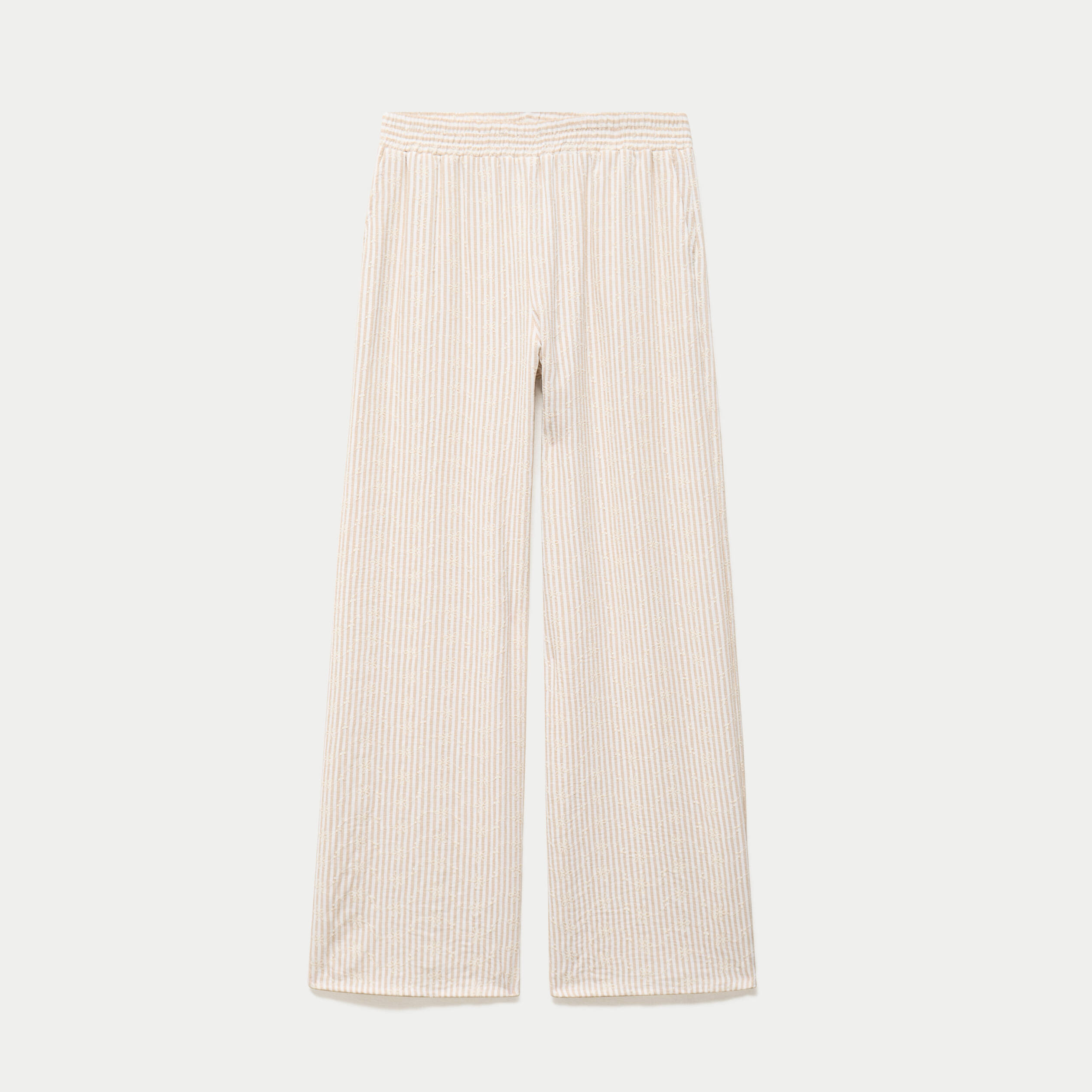 Pantalon large brod&eacute; beige femme