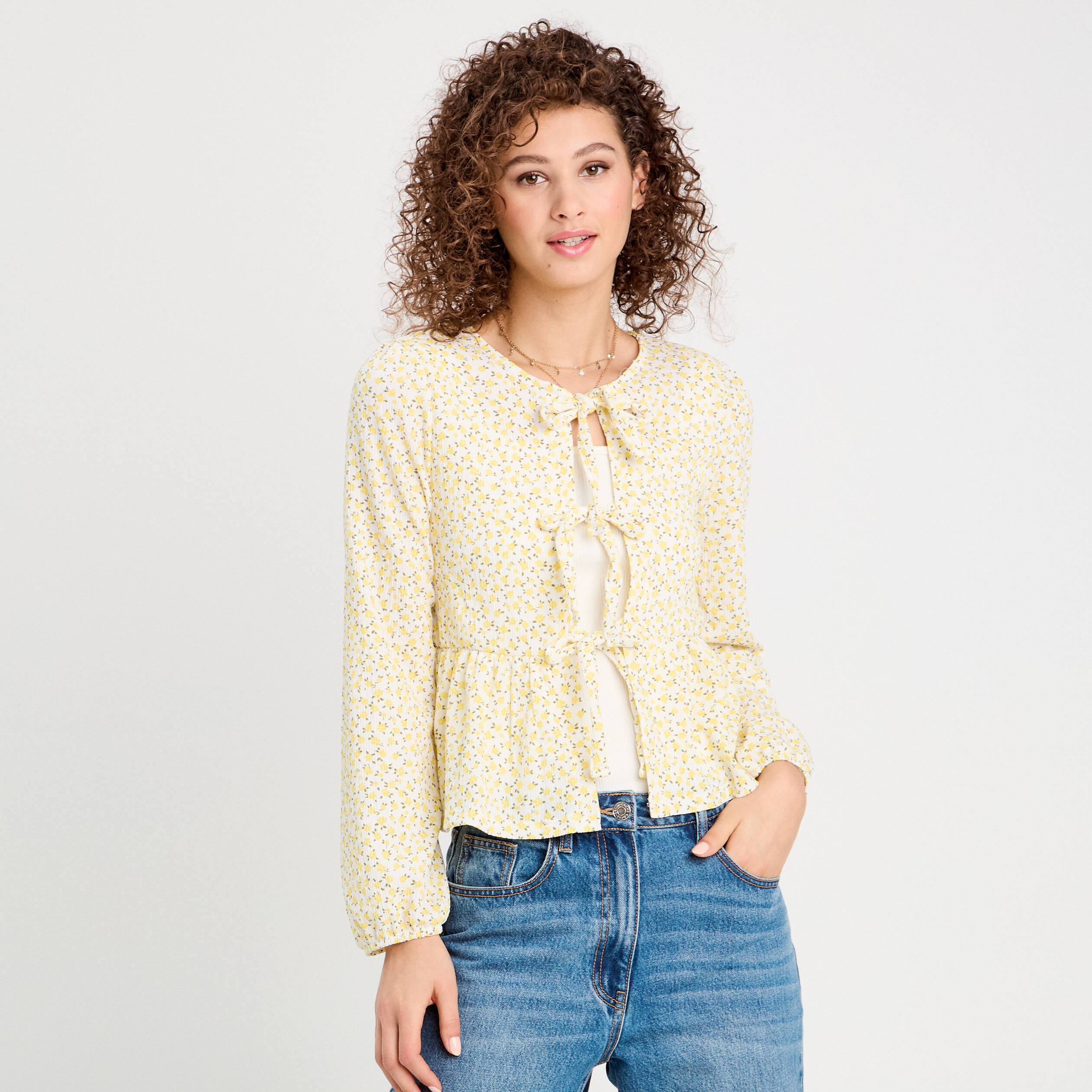 Blouse nou&eacute;e manches longues blanc femme