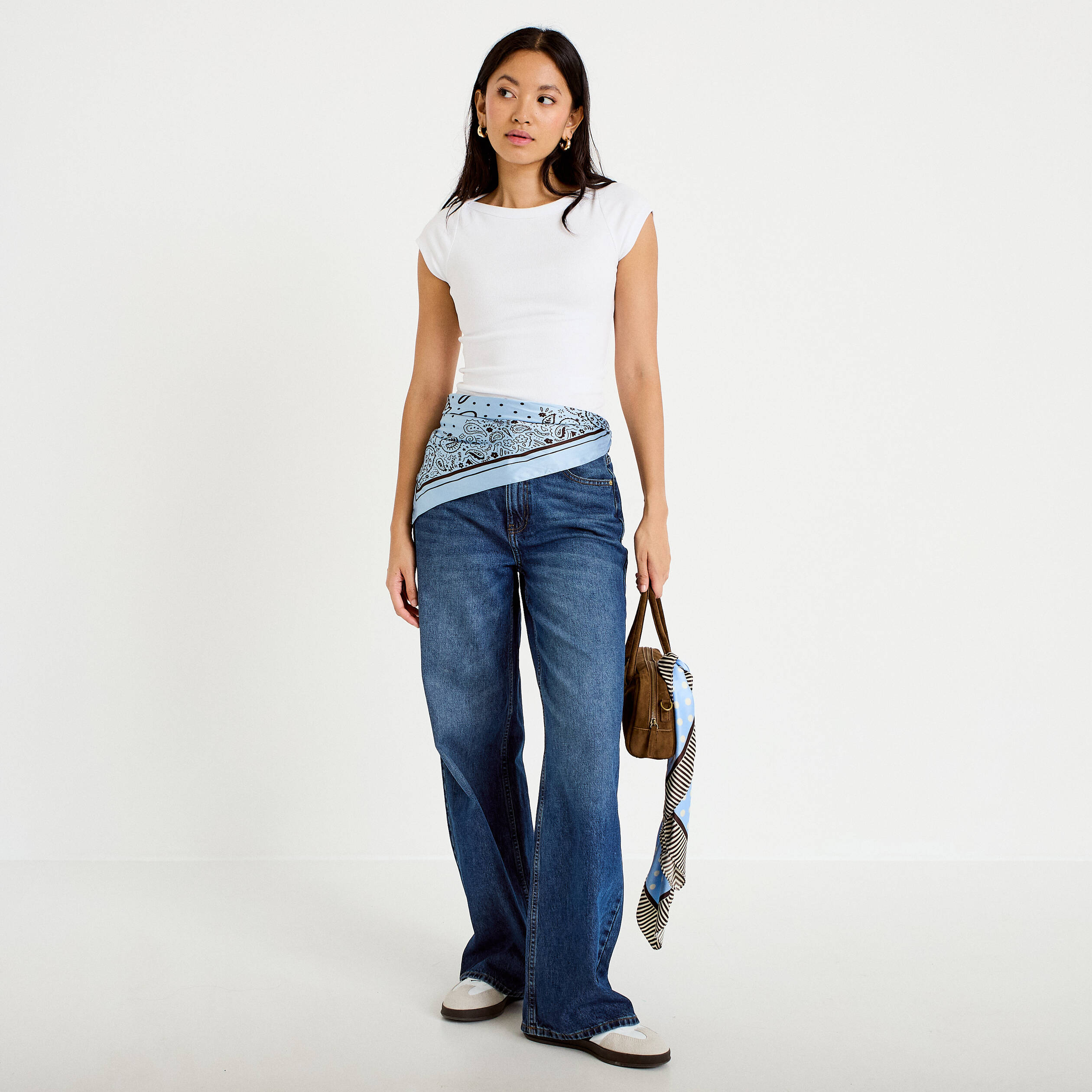 Jeans wide leg taille haute bleu fonc&eacute; femme