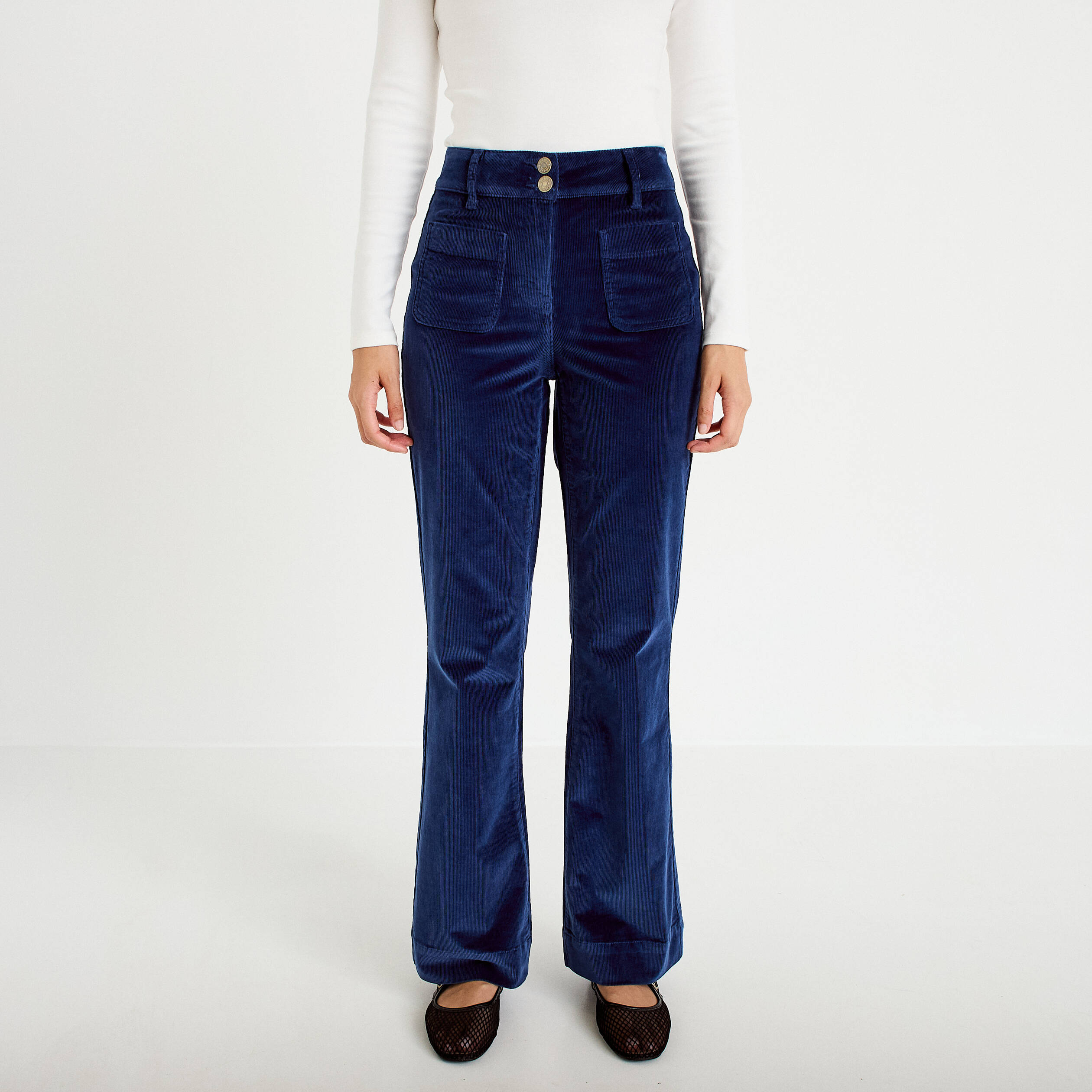 Pantalon bootcut taille haute velours bleu marine femme