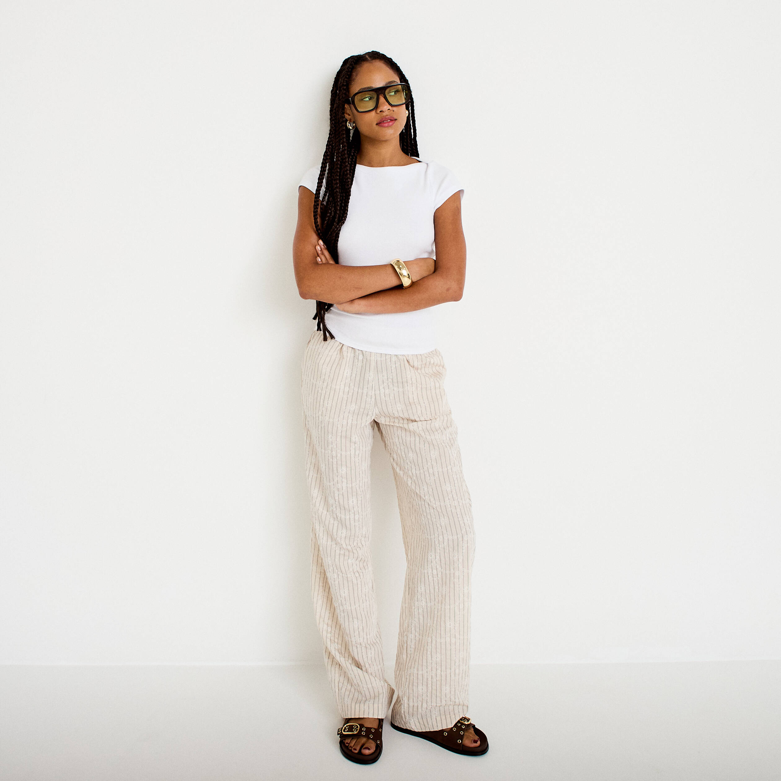 Pantalon large taille haute creme femme