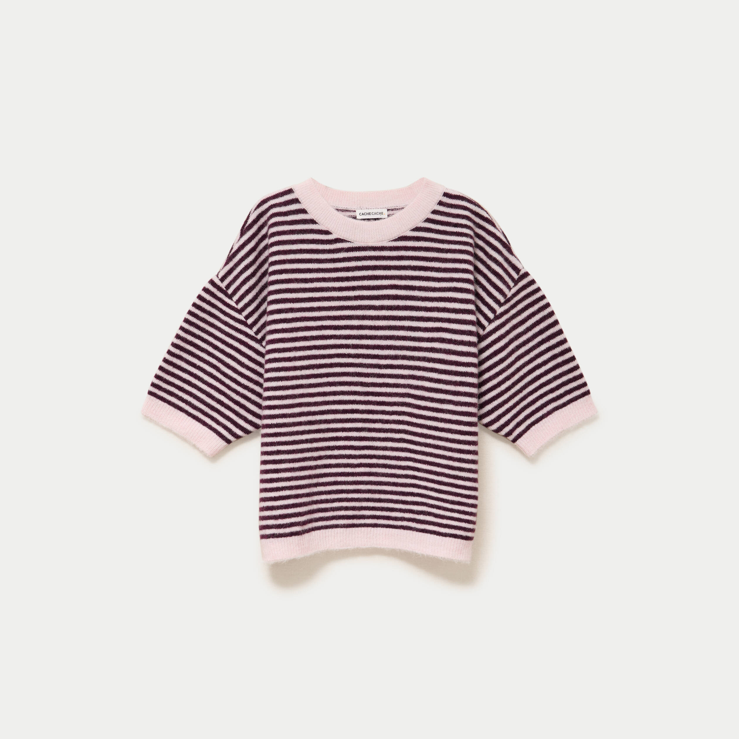 Pull ample duveteux manches courtes prune femme
