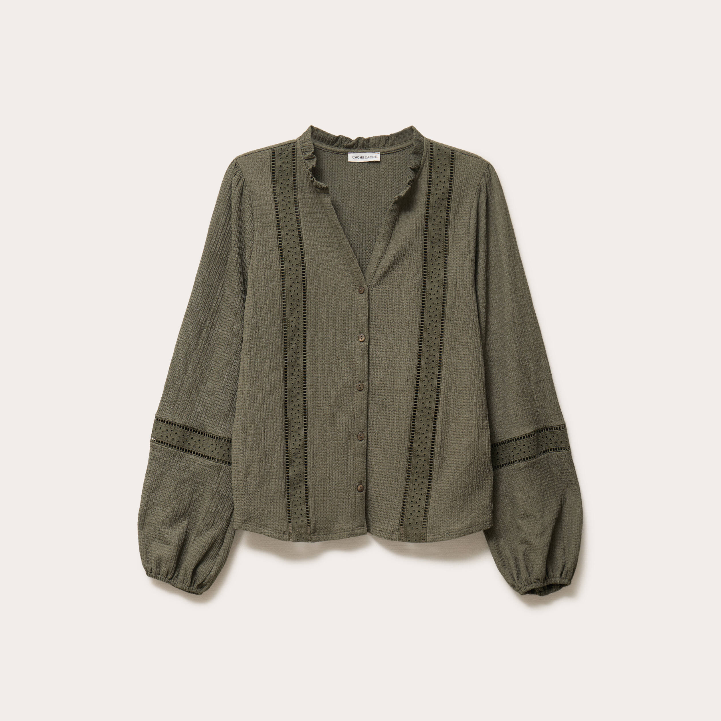Blouse broderie col V manches longues vert kaki femme