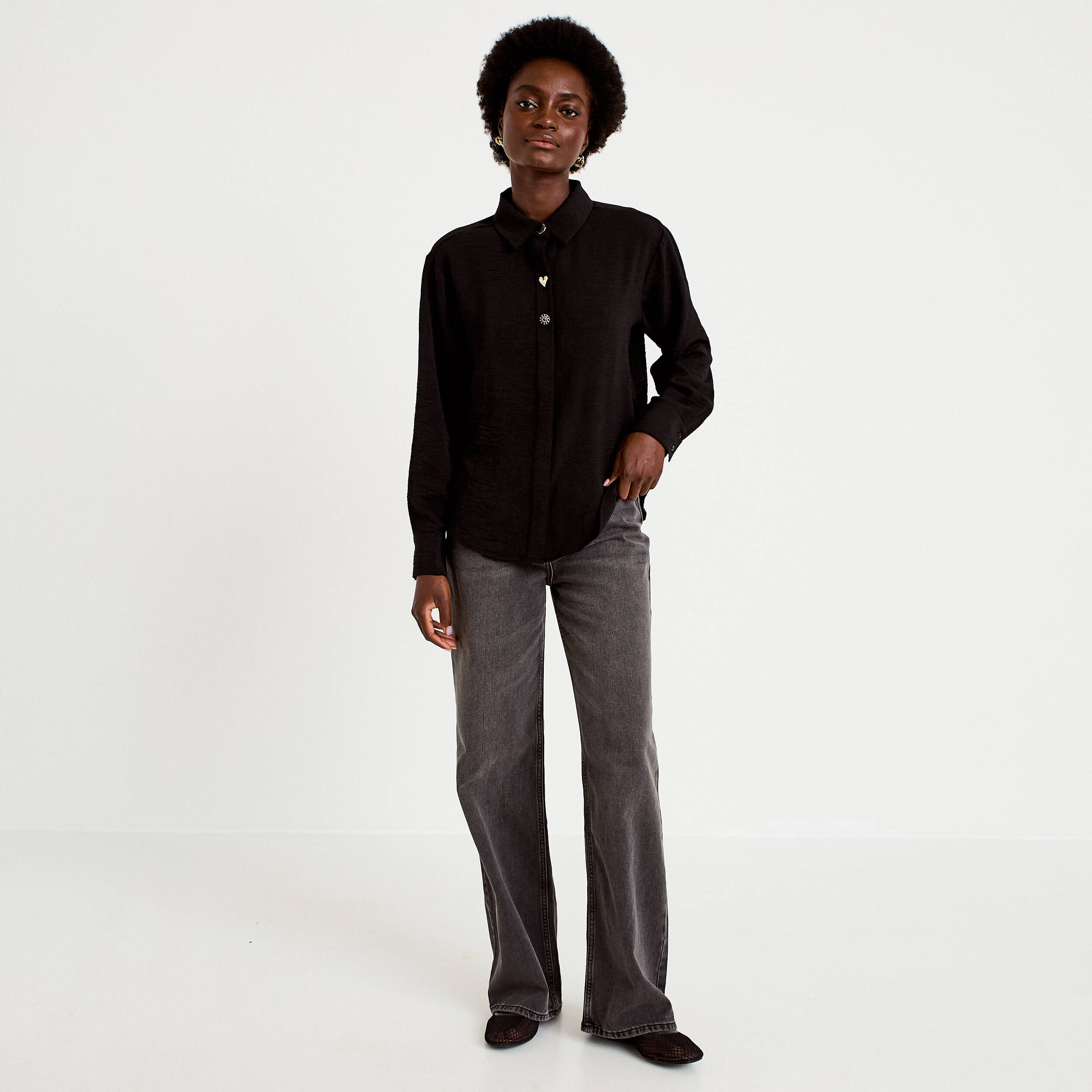 Chemise droite pliss&eacute;e manches longues noir femme