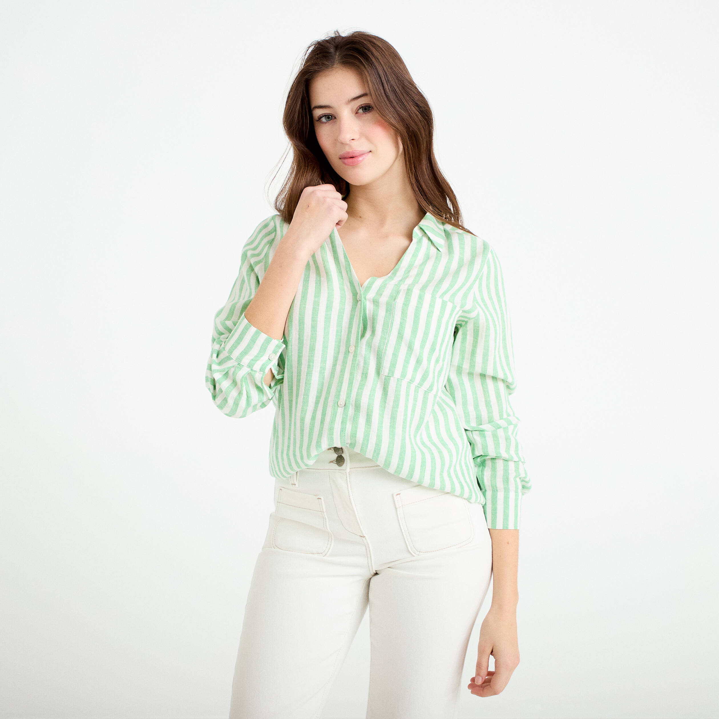 Chemise lin col V manches longues vert femme