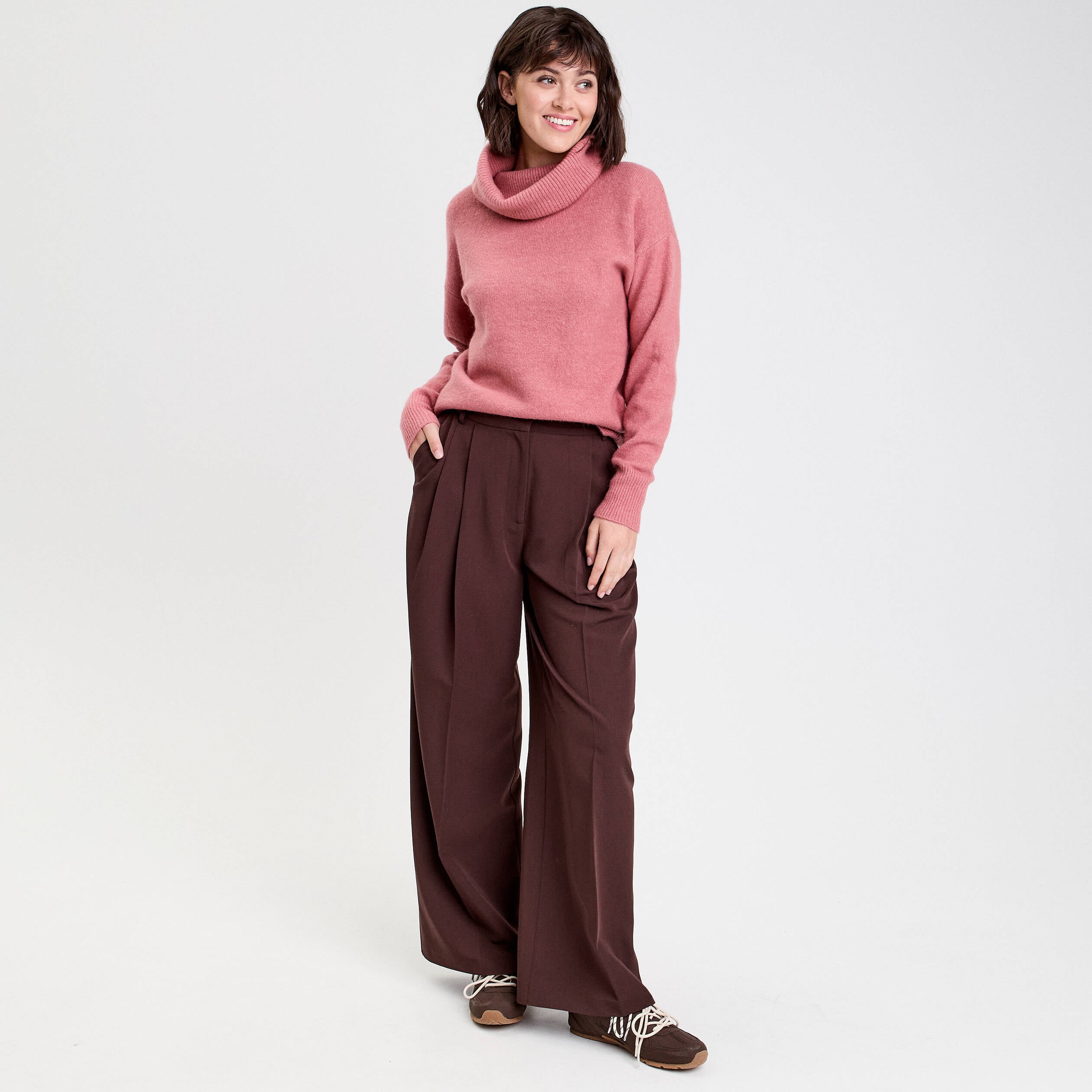 Pull avec col roul&eacute; rose femme