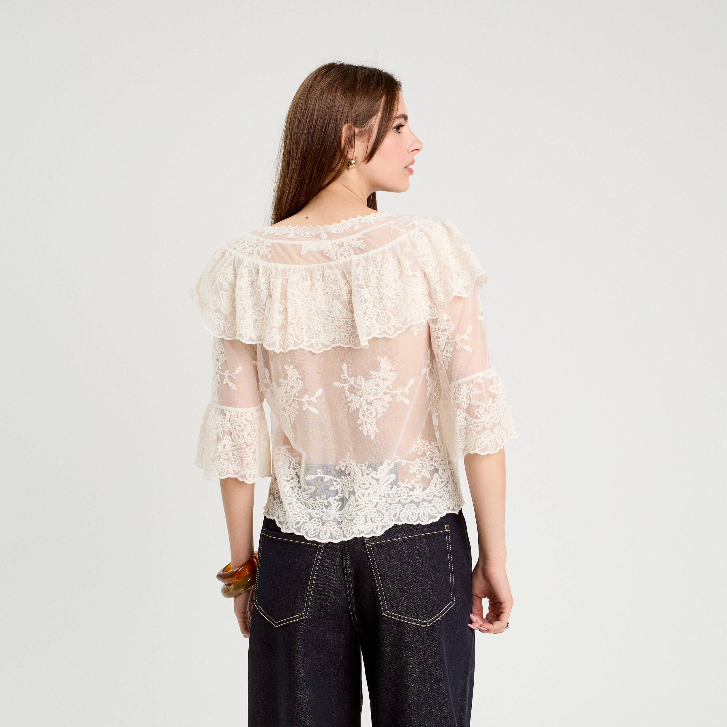blouse manches 34 dentelle ecru femme Blouse manches 3/4 dentelle ecru femme