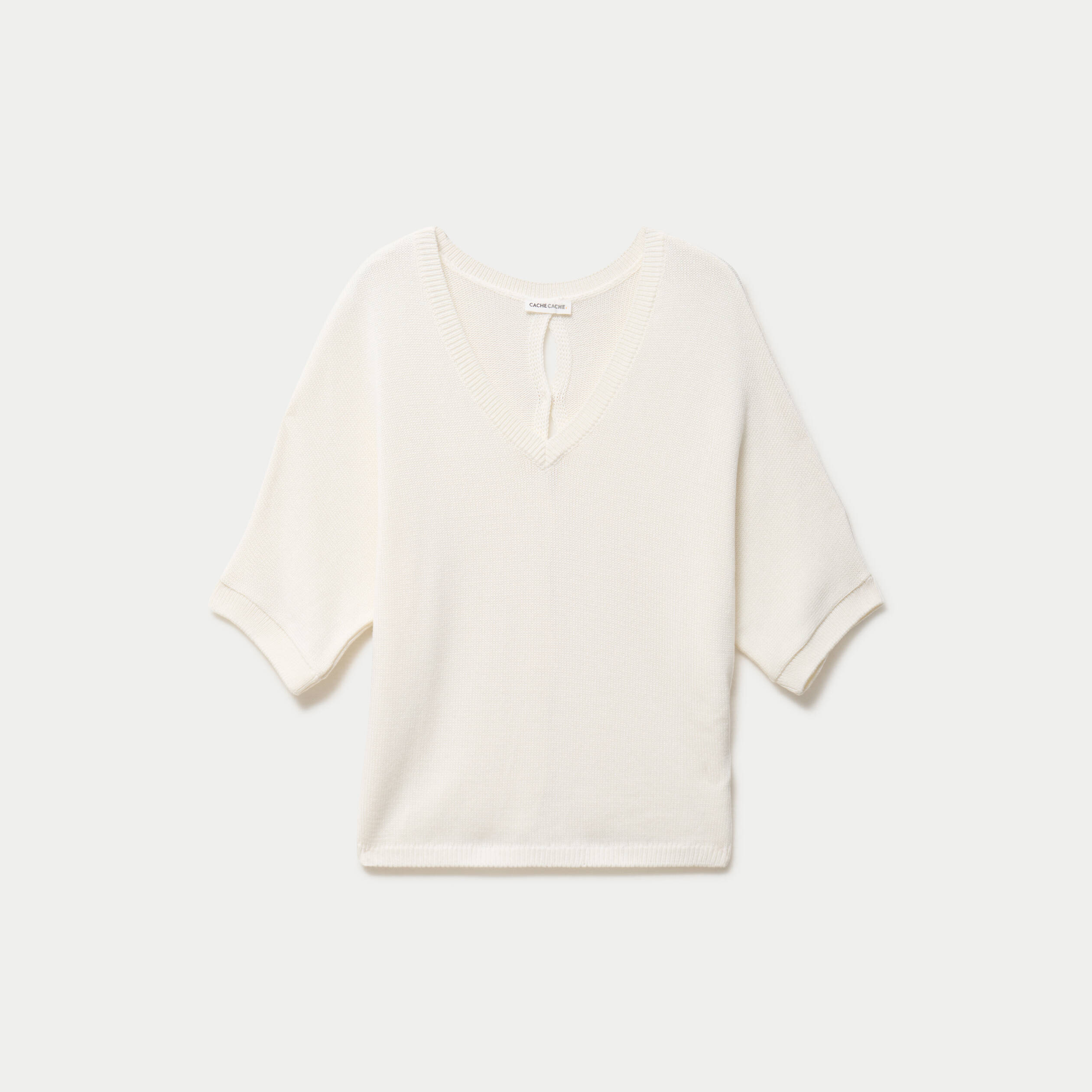 Pull ample col v manches courtes blanc femme