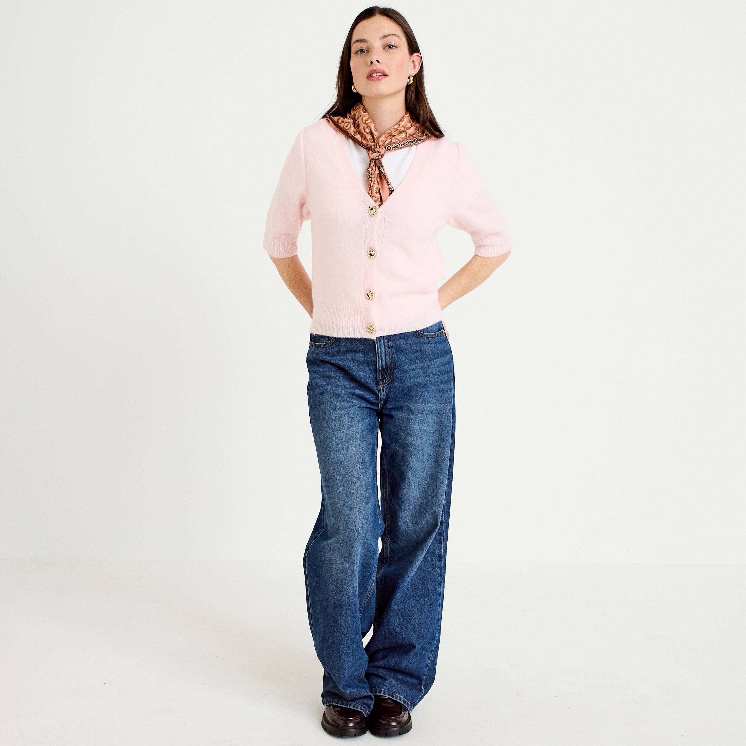 Gilet duveteux col v manches longues rose clair femme