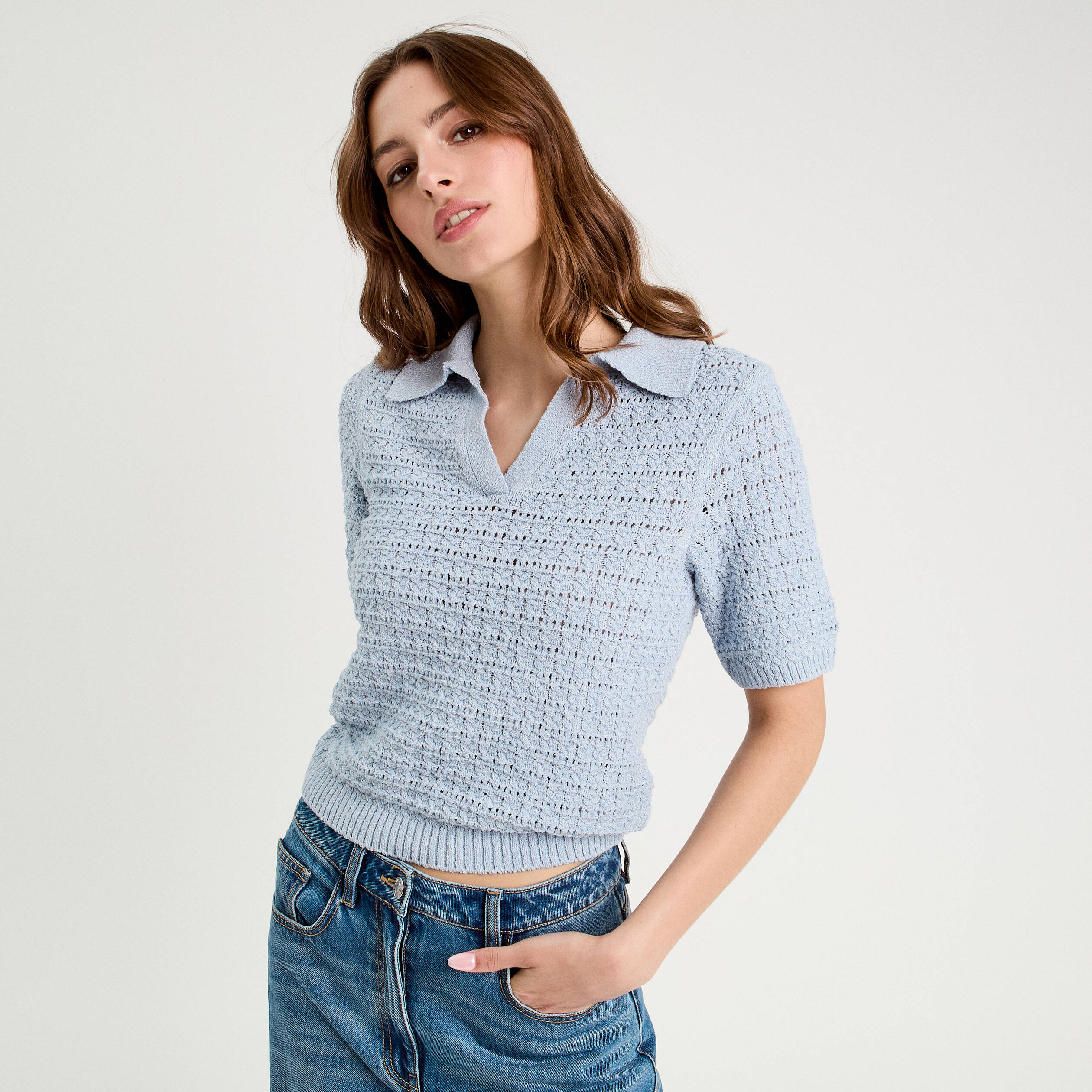 polo manches courtes ajoure denim snow gris femme Polo manches courtes ajouré denim snow gris femme