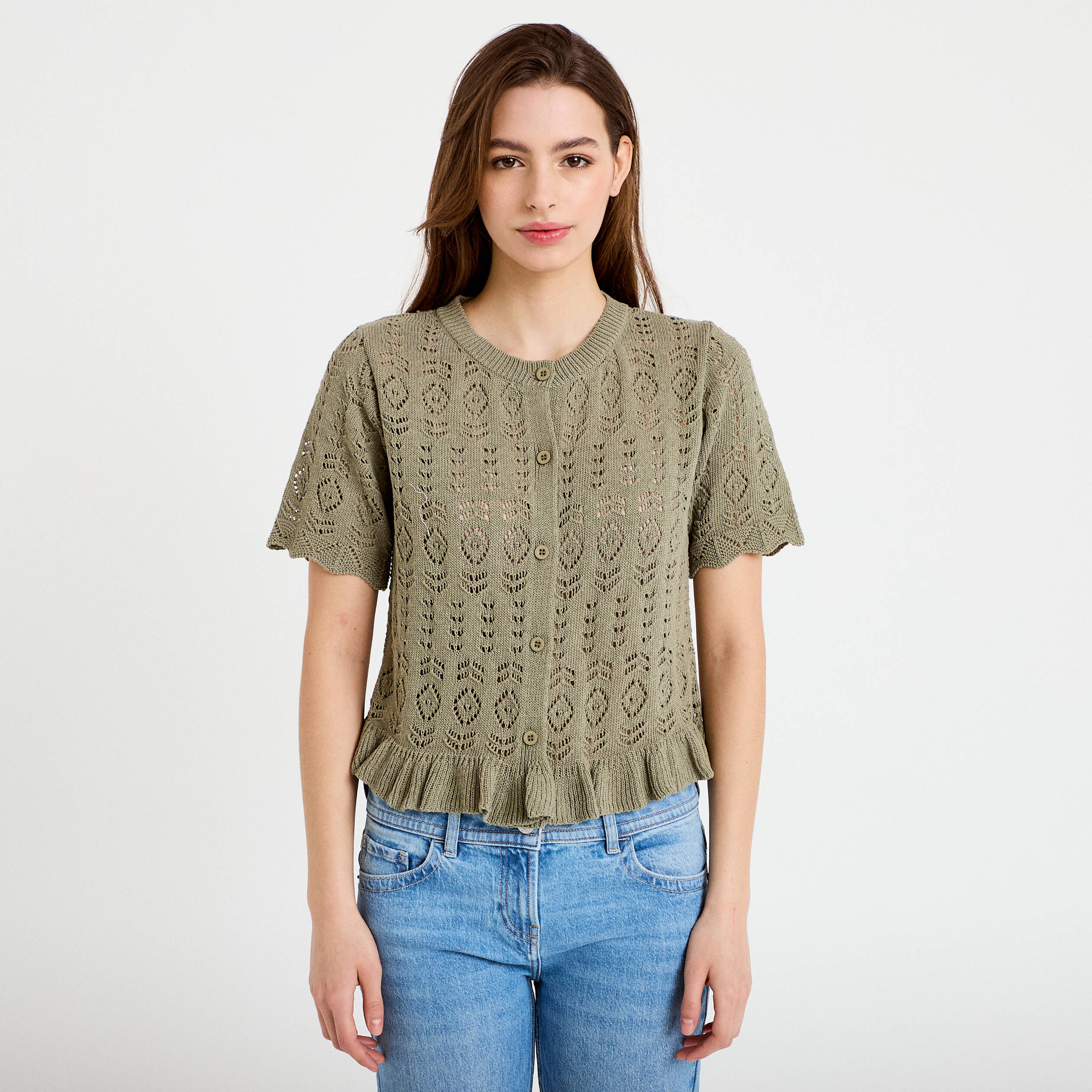 Gilet ajour&eacute; manches courtes col rond vert kaki femme