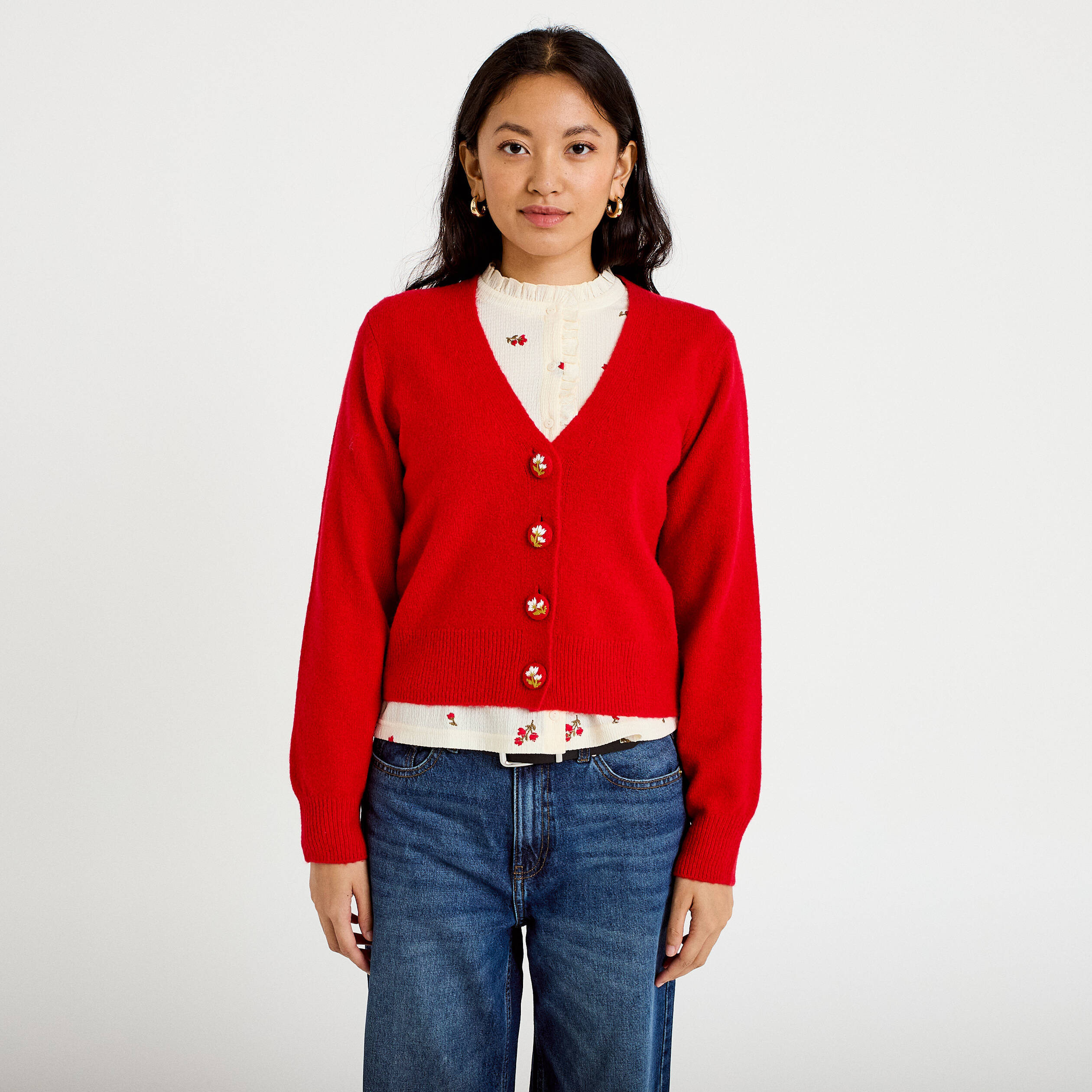 Gilet col v broderie manches longues rouge femme