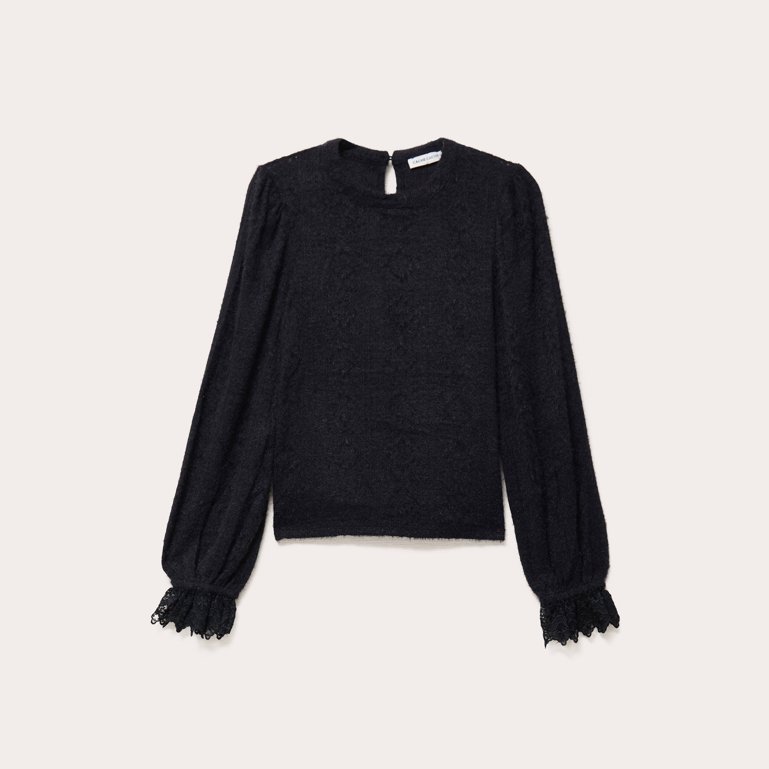 Top dentelle manches longues col rond noir femme