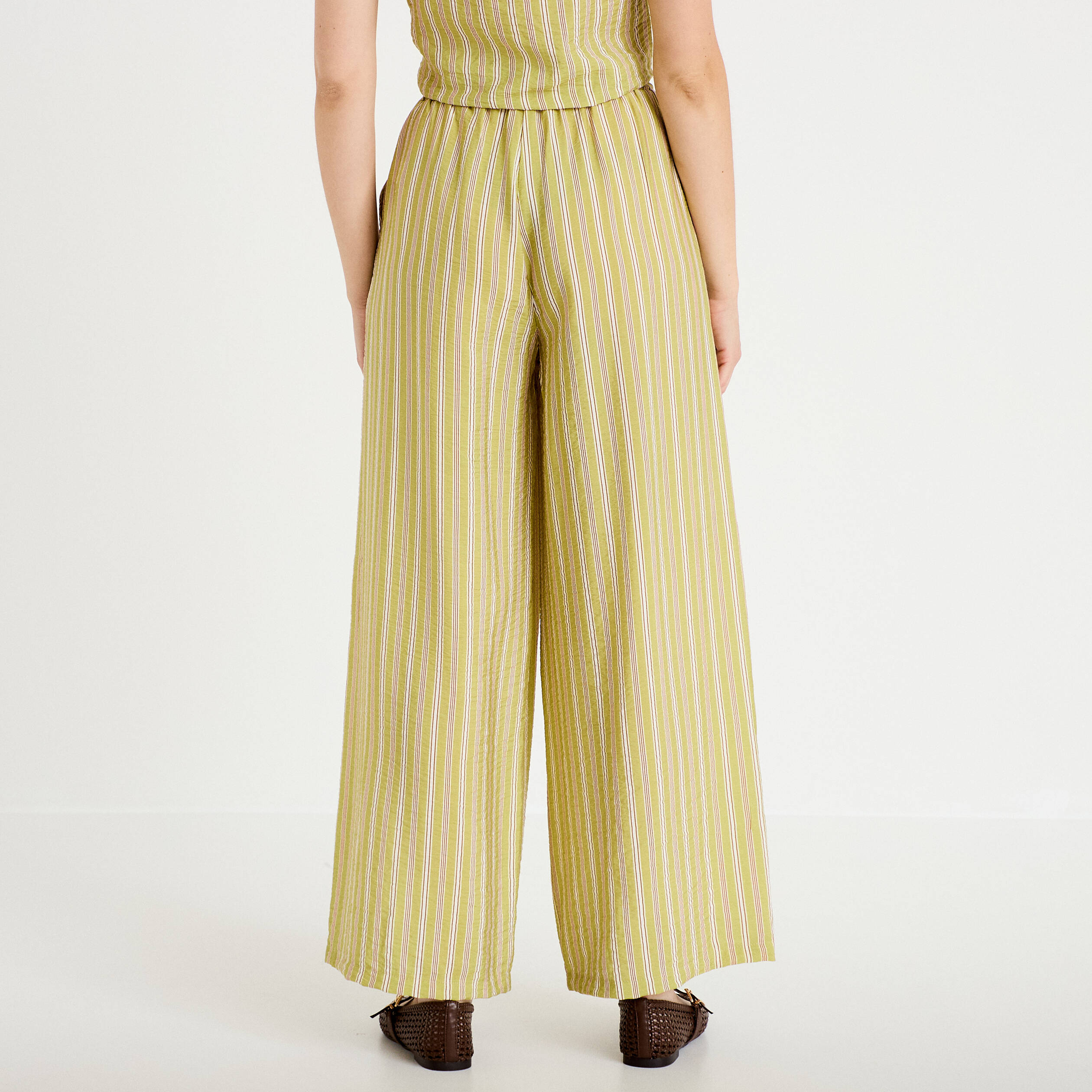 Pantalon large taille haute fluide vert kaki femme