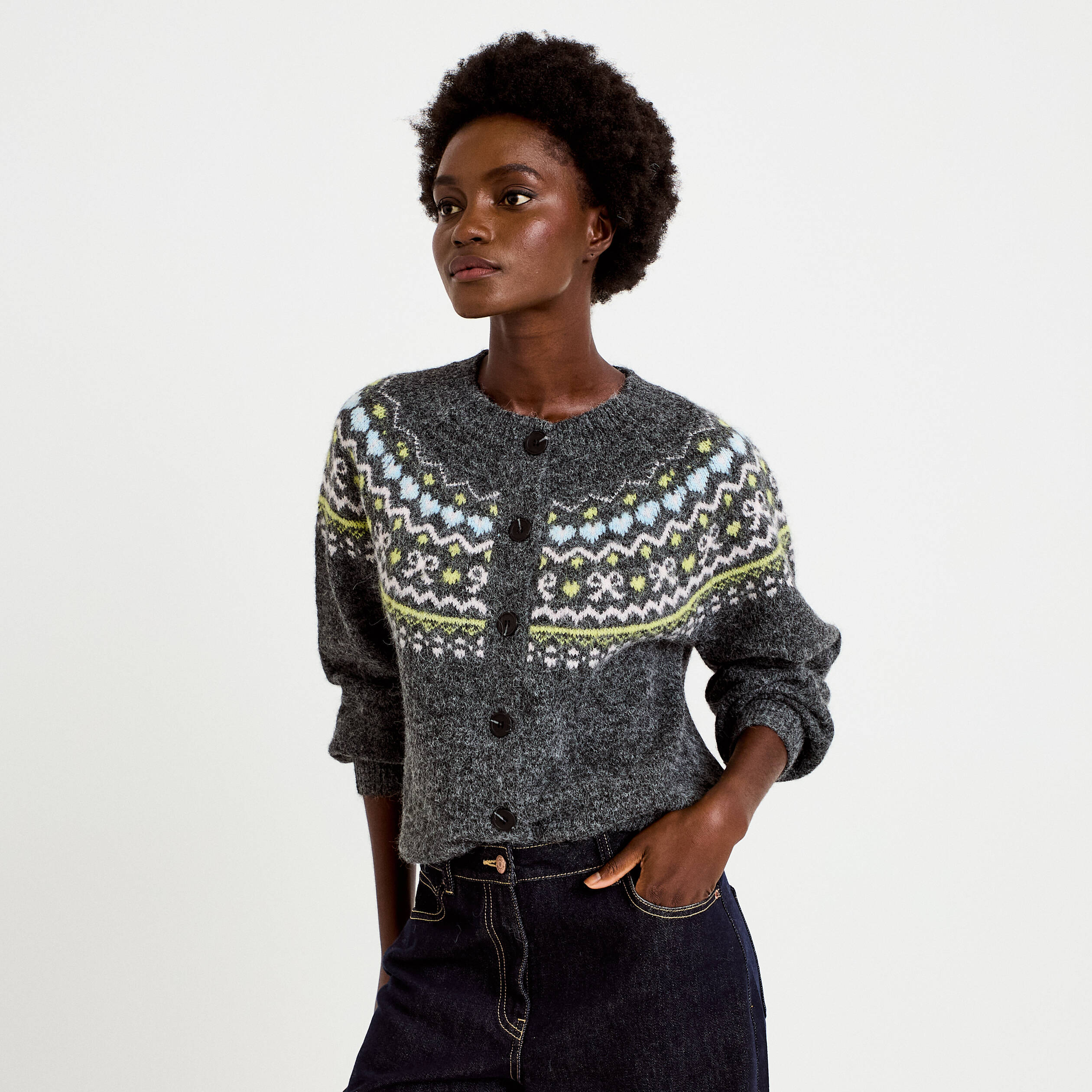 Gilet manches longues gris fonc&eacute; femme